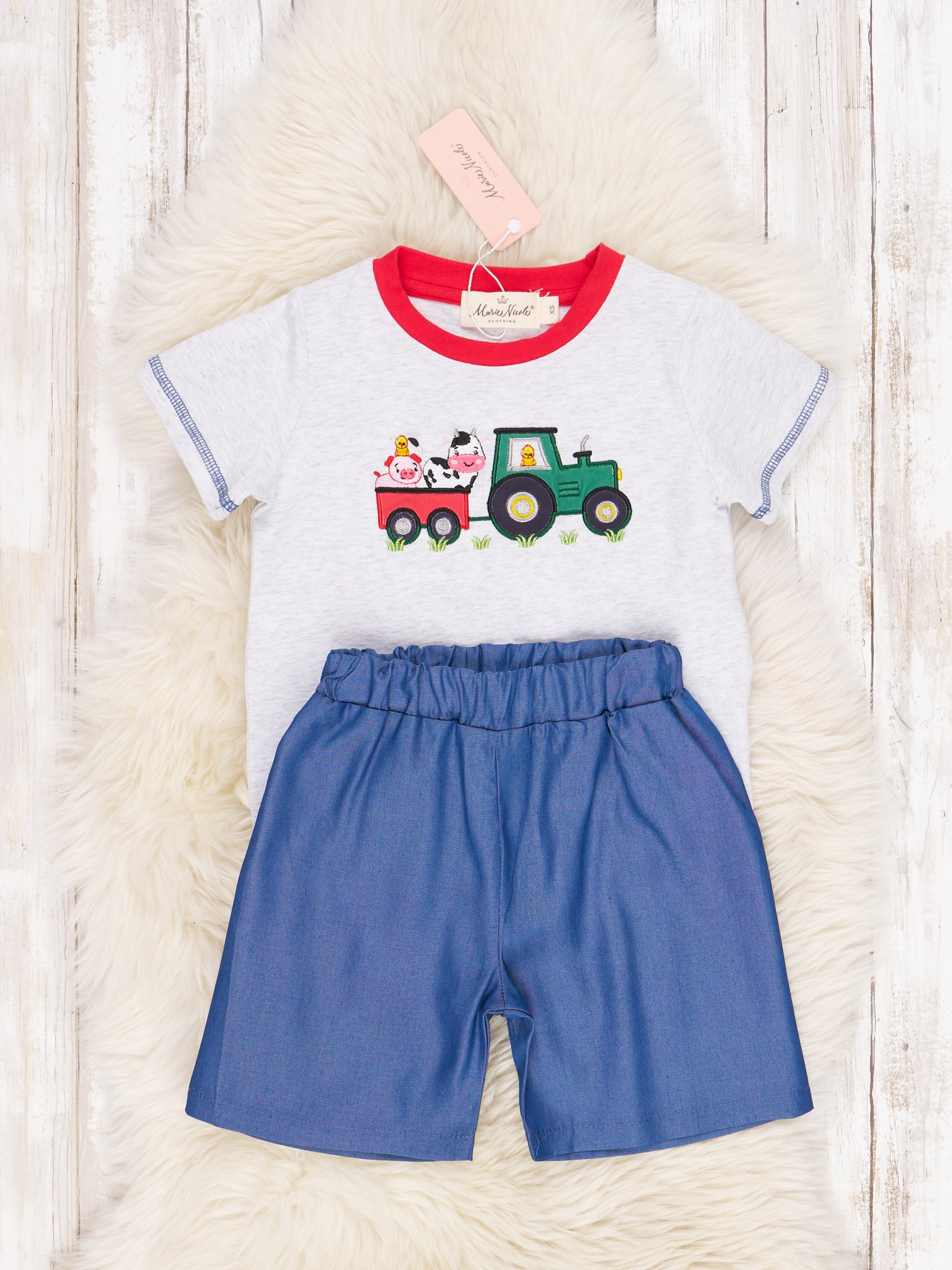 Chambray Farm Animals & Tractor Outfit - Marie Nicole Clothing