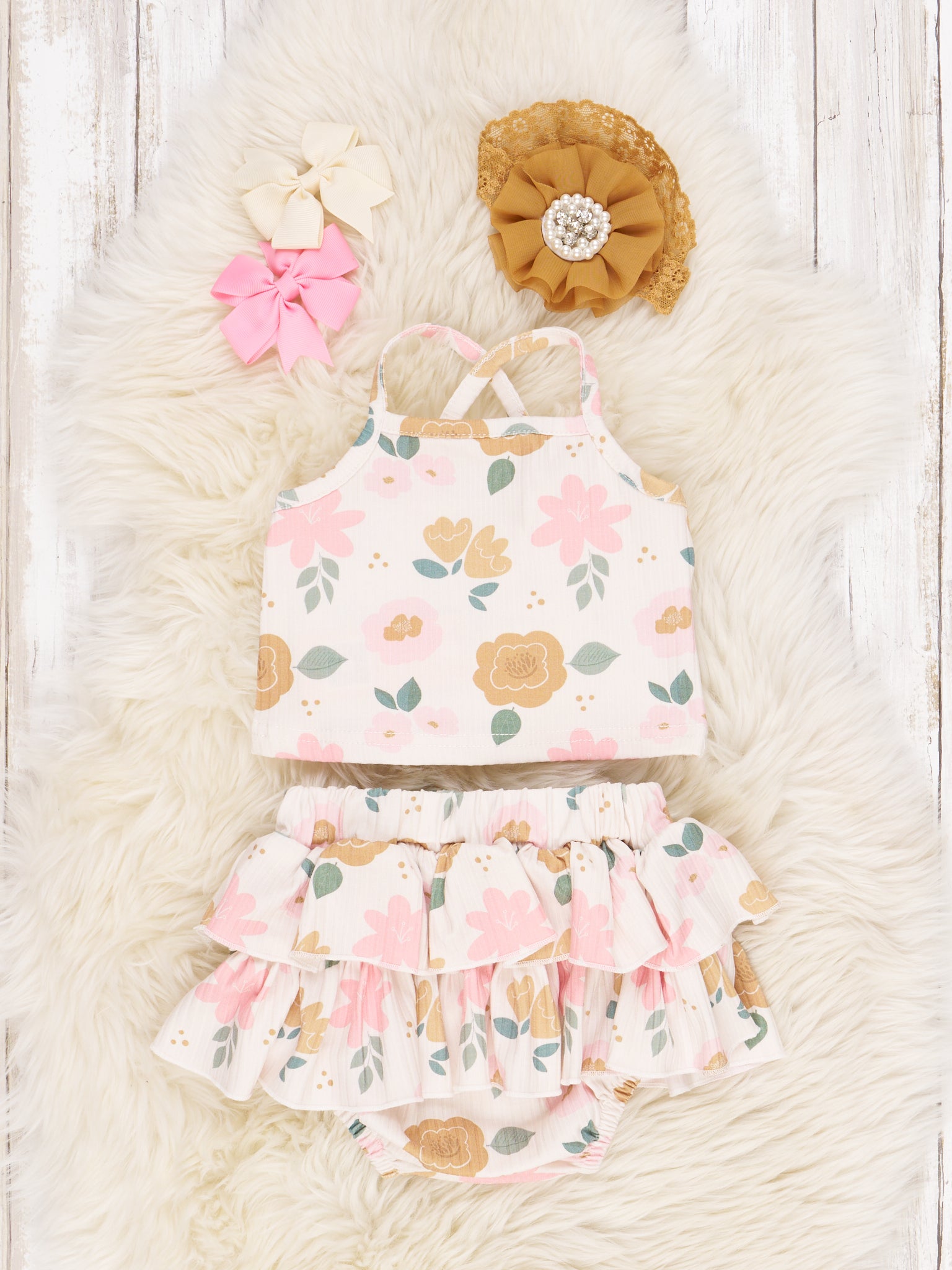 Ribbed Floral Ruffle Bloomers Outfit - Marie Nicole Clothing