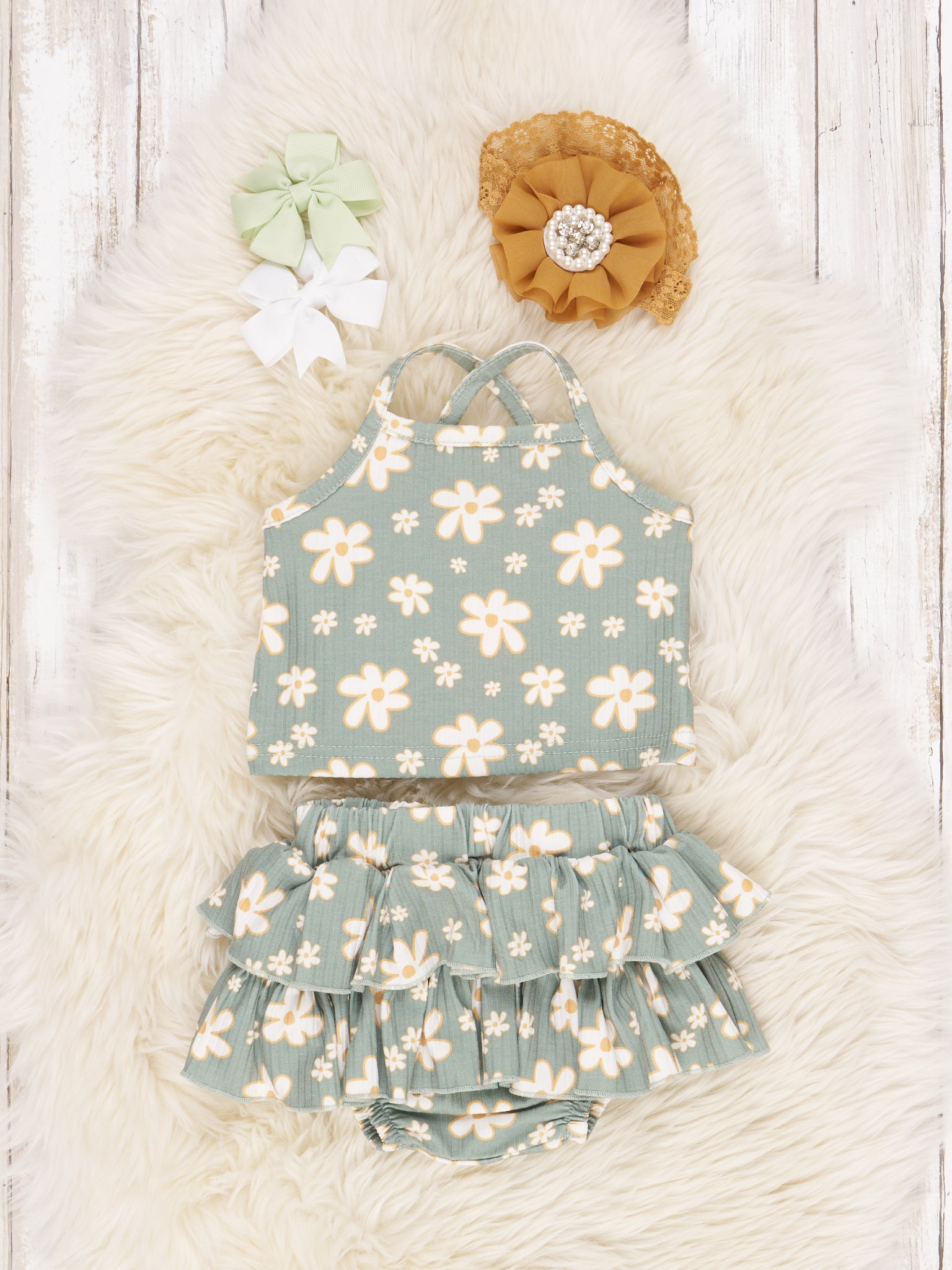 Sage Ribbed Floral Ruffle Bloomers Outfit - Marie Nicole Clothing