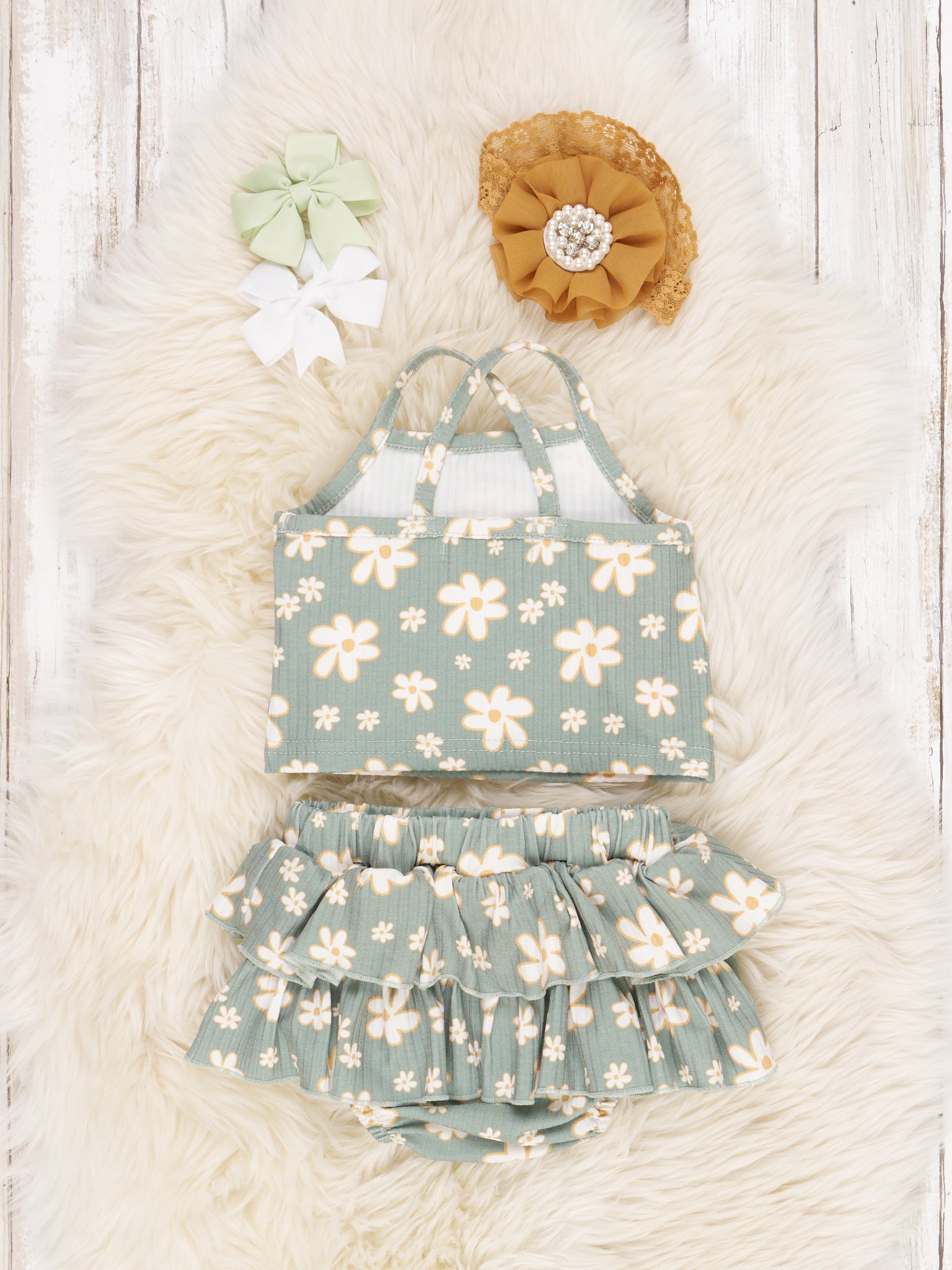 Sage Ribbed Floral Ruffle Bloomers Outfit - Marie Nicole Clothing