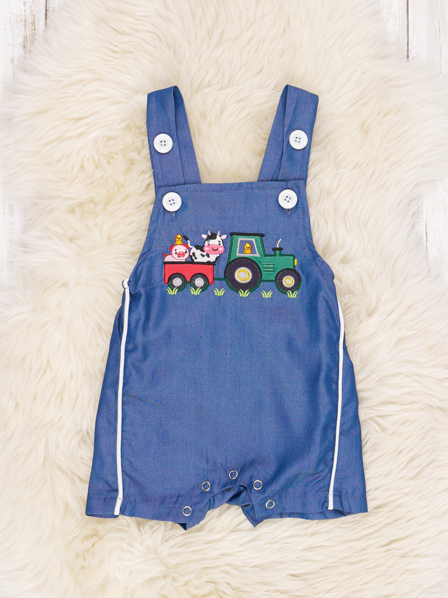Chambray Farm Animals & Tractor Romper - Marie Nicole Clothing