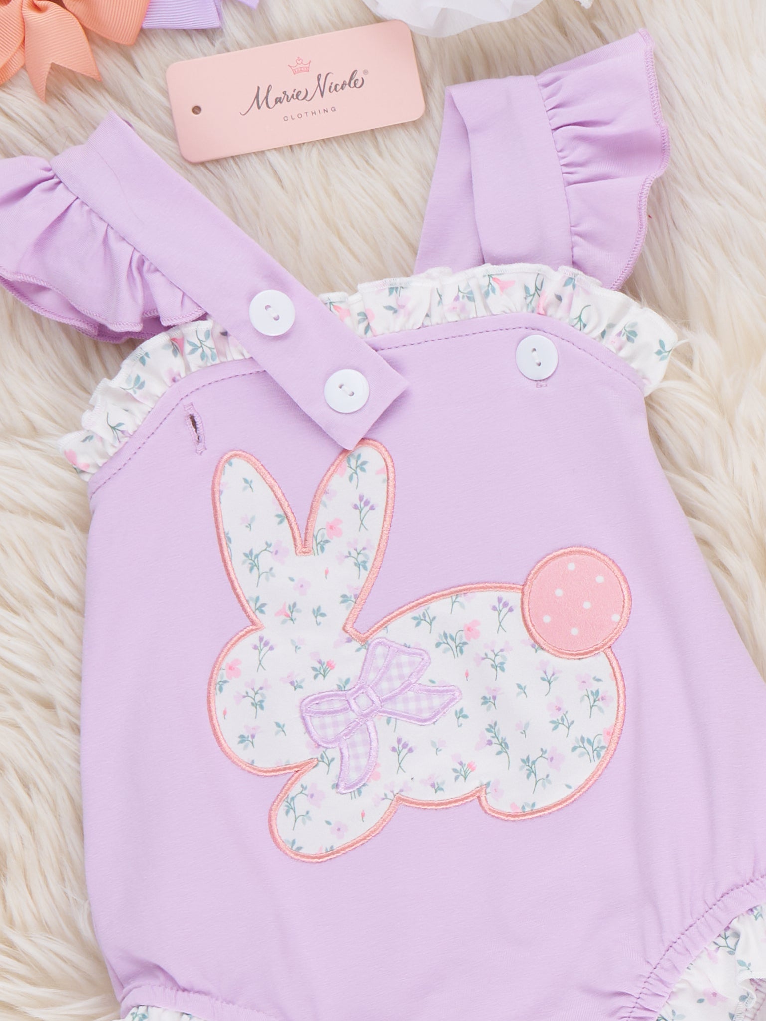 Blossoms Bunny Embroidered Cotton Ruffle Bubble Romper - Marie Nicole Clothing
