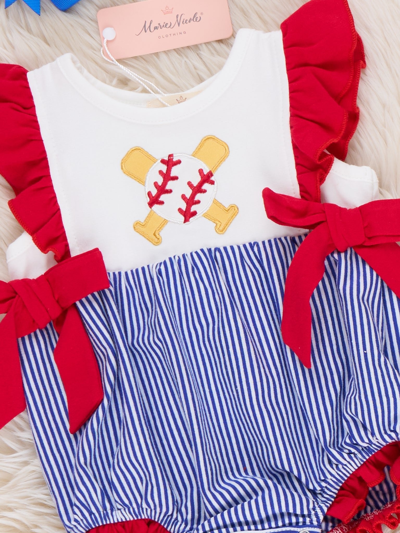 Dugout Cutie Baseball Embroidered Cotton Bubble Romper - Marie Nicole Clothing