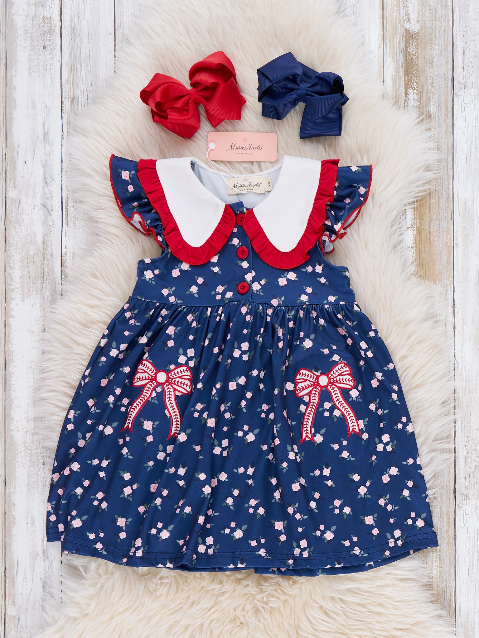 Ballpark Bows Embroidered Dress - Marie Nicole Clothing