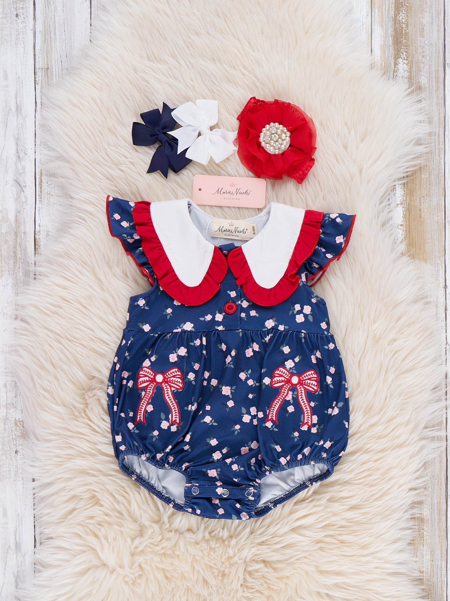Ballpark Bows Embroidered Bubble Romper - Marie Nicole Clothing