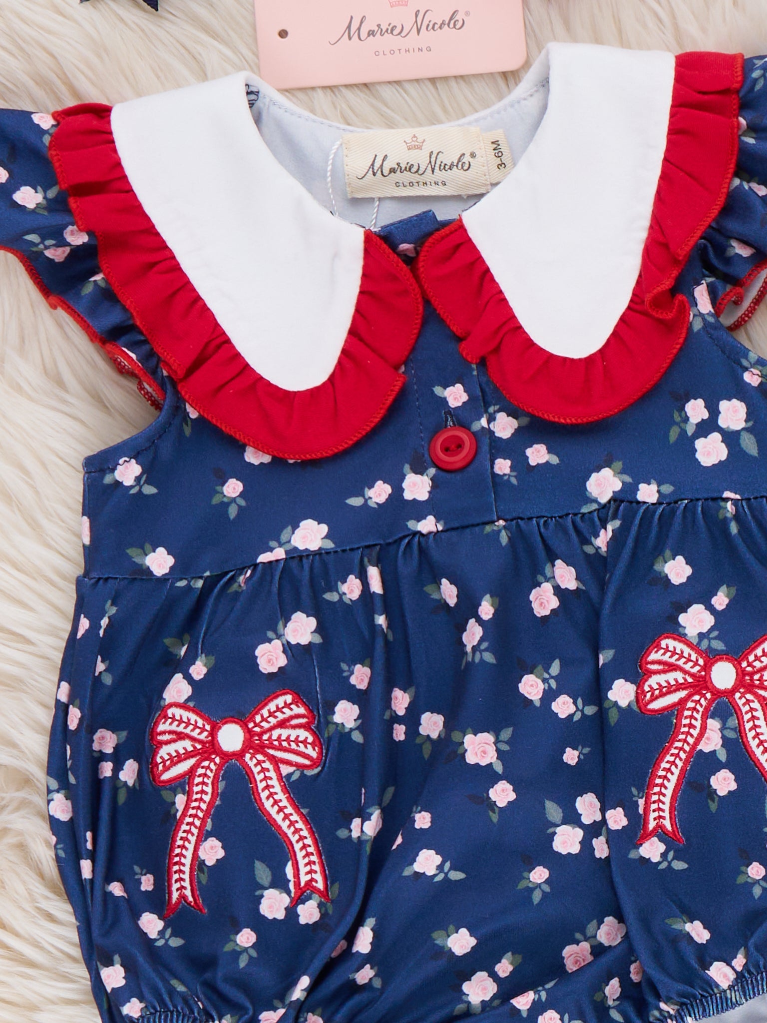Ballpark Bows Embroidered Bubble Romper - Marie Nicole Clothing