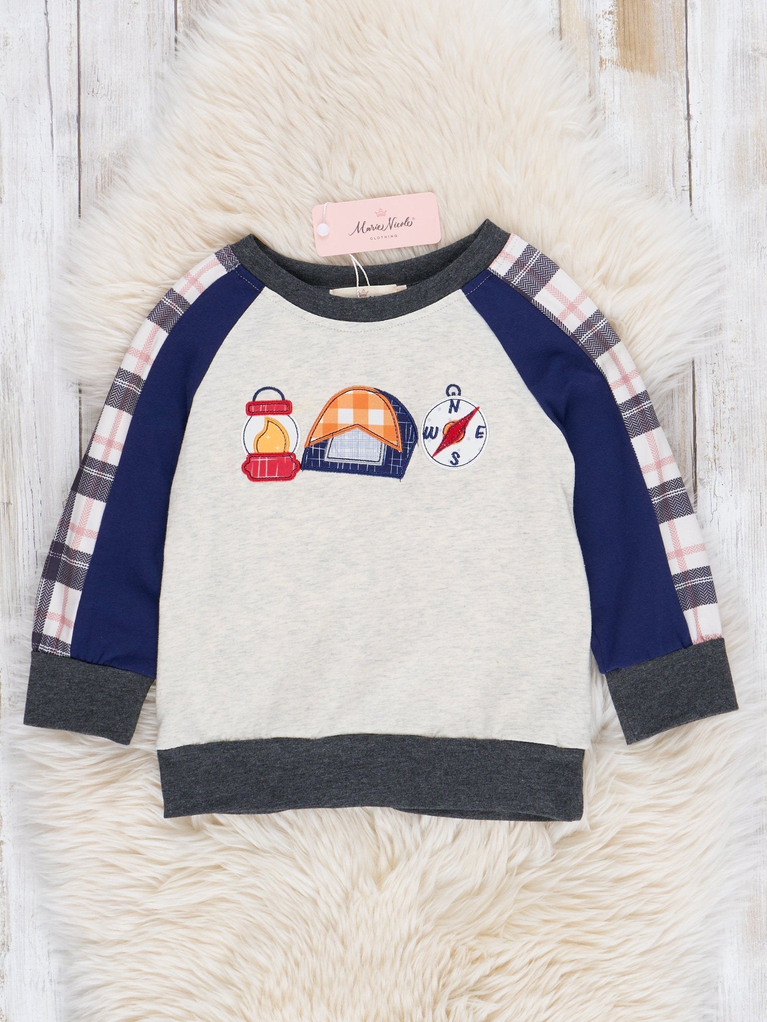 Heather Grey Embroidered Campfire Raglan Shirt - Marie Nicole Clothing
