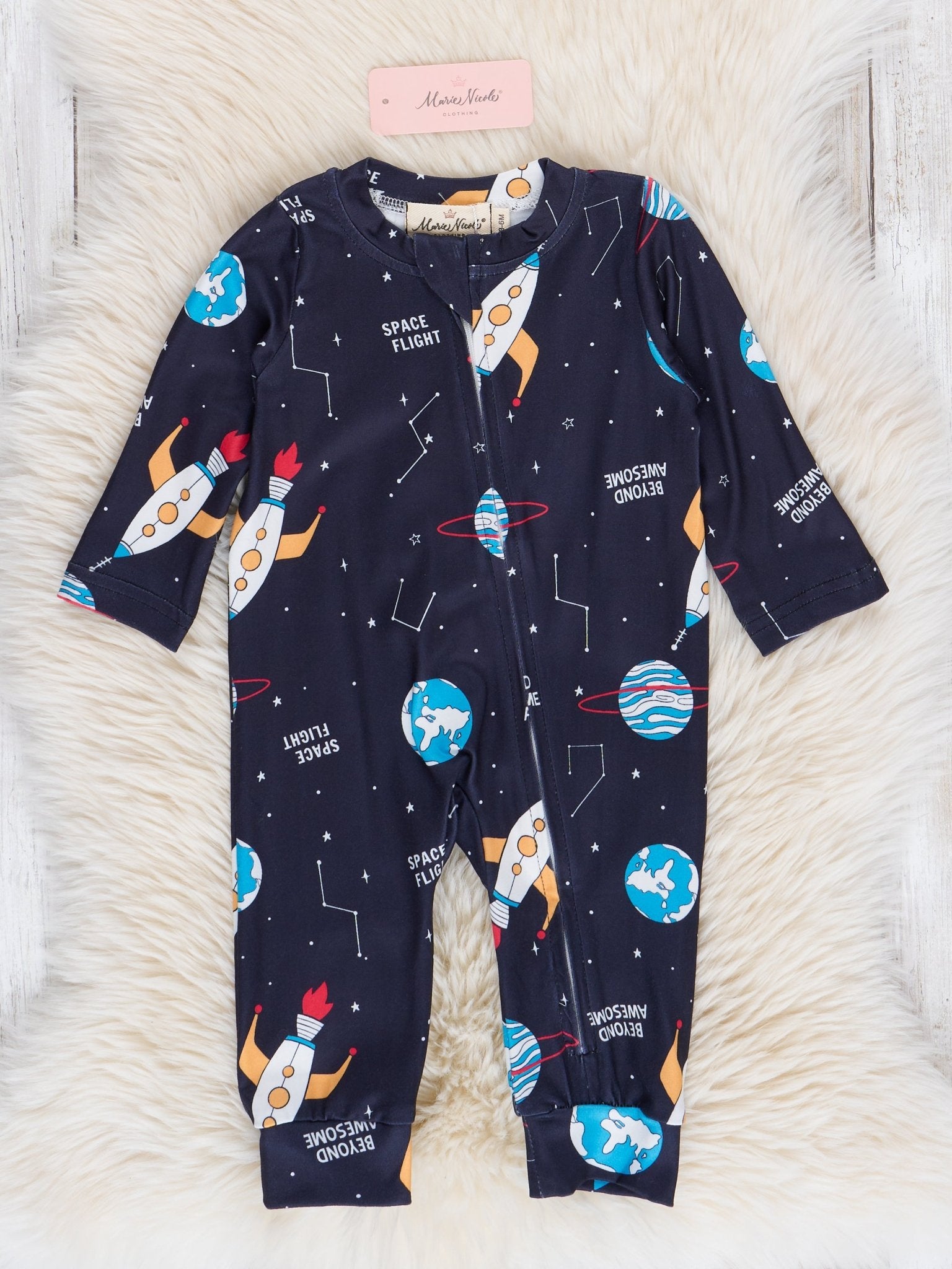 Navy & Red Rocketship Adventure Sleeper Pajamas - Marie Nicole Clothing
