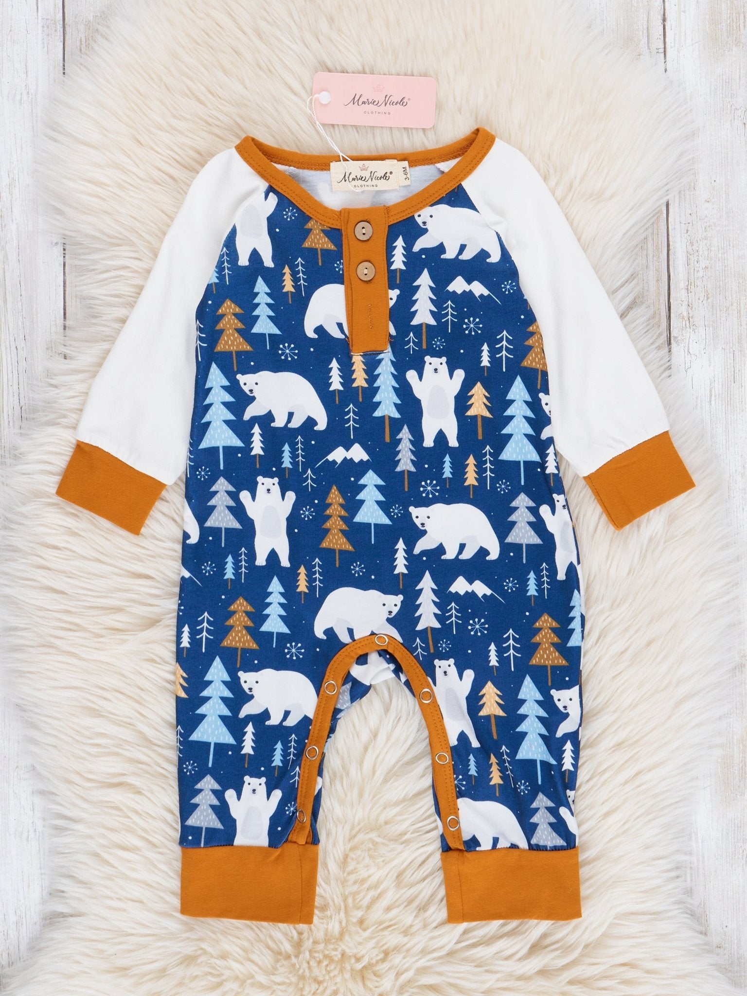 Blue Polar Bear Adventure Raglan Romper - Marie Nicole Clothing
