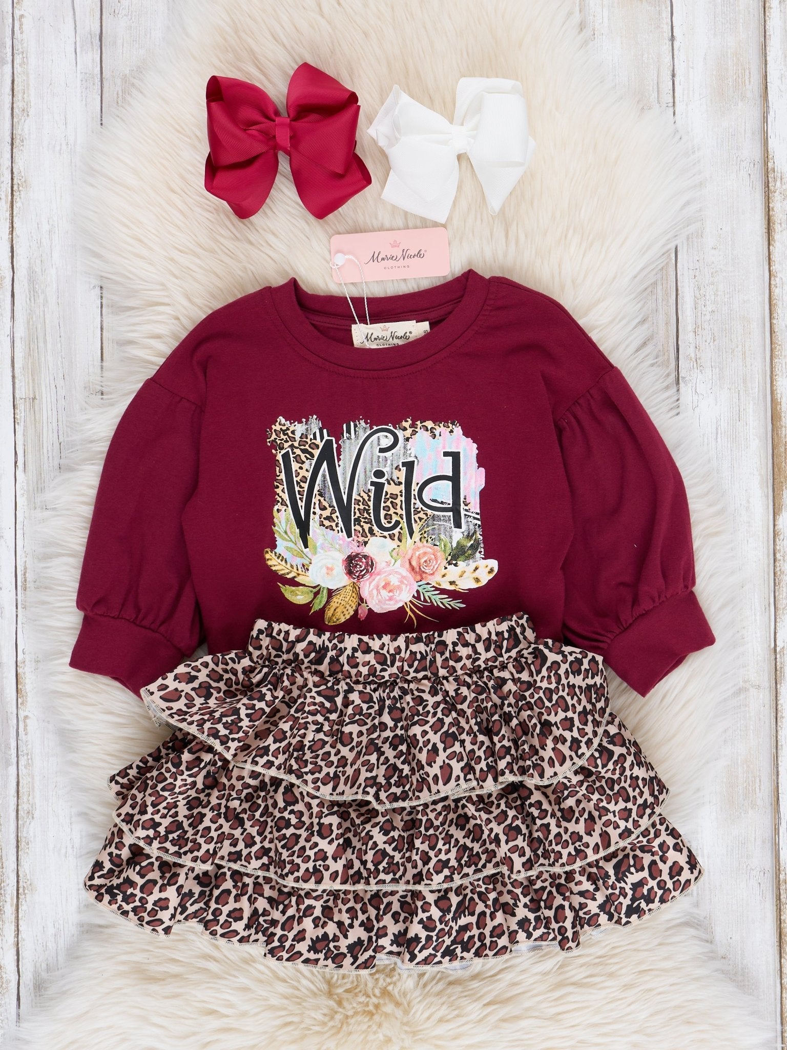 Burgundy & Leopard Wild Girl Outfit w/ Skirt - Marie Nicole Clothing