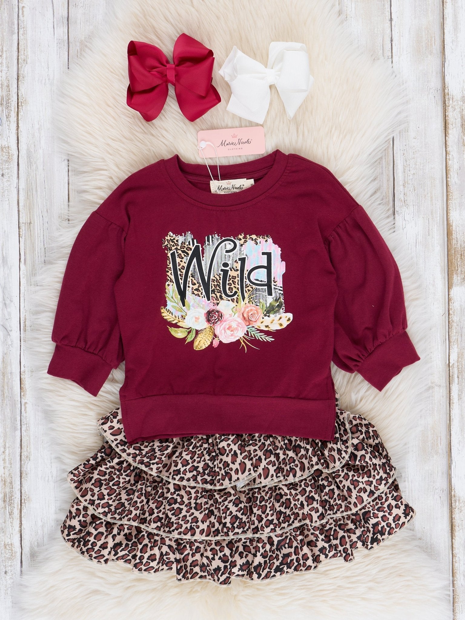 Burgundy & Leopard Wild Girl Outfit w/ Skirt - Marie Nicole Clothing
