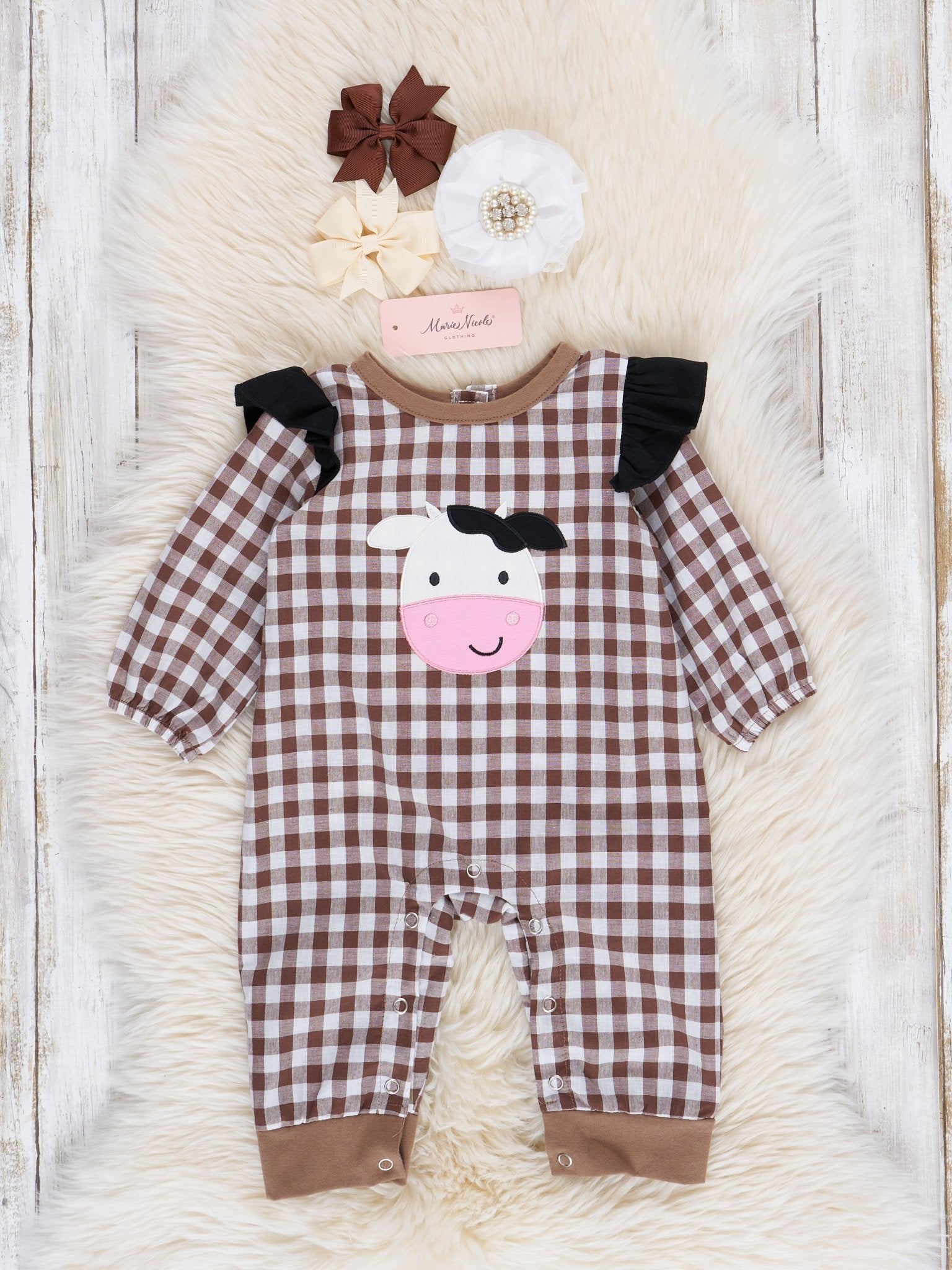 Brown Gingham Cow Romper - Marie Nicole Clothing