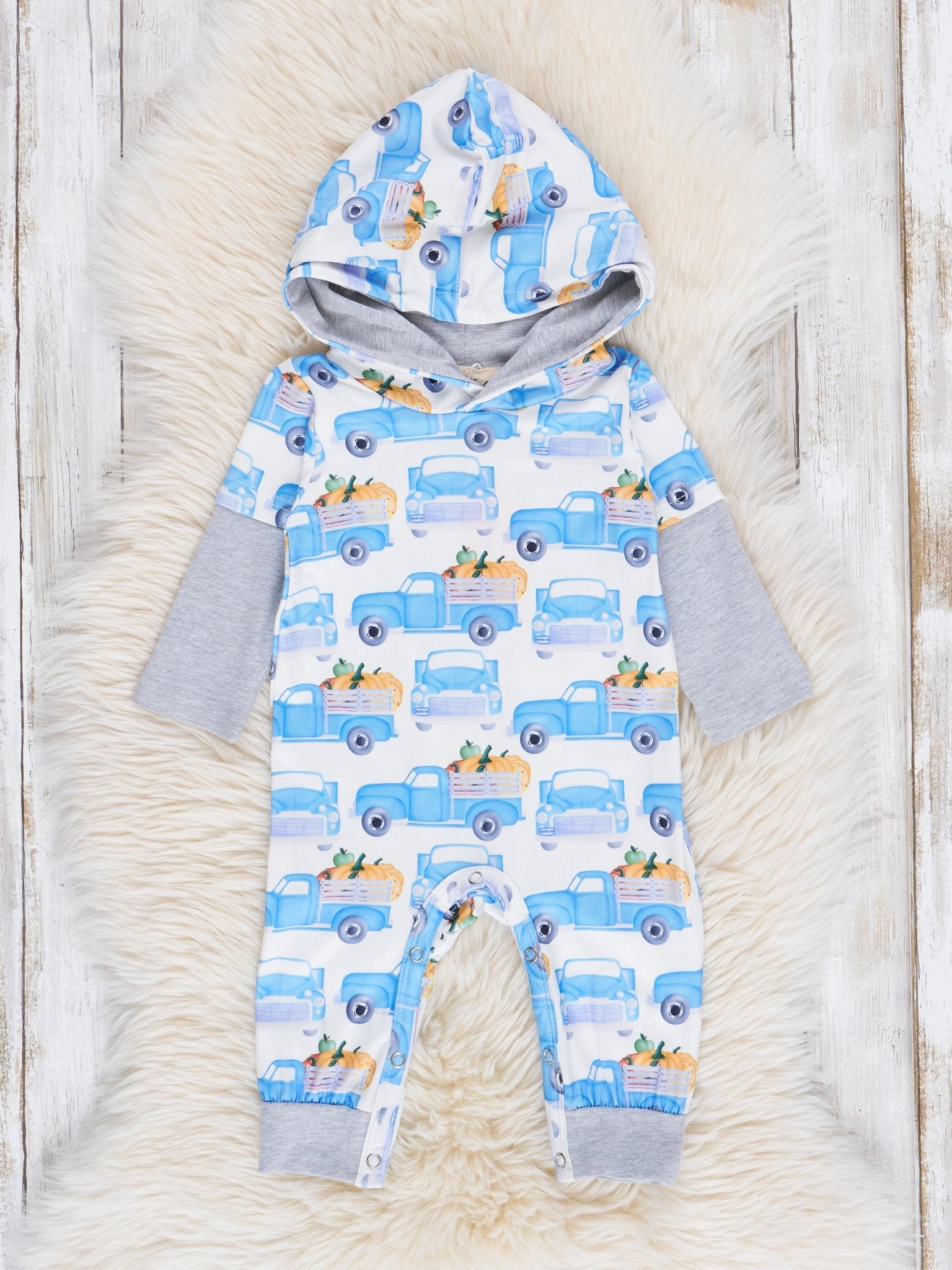 Blue & Grey Pumpkin Truck Hoodie Romper - Marie Nicole Clothing