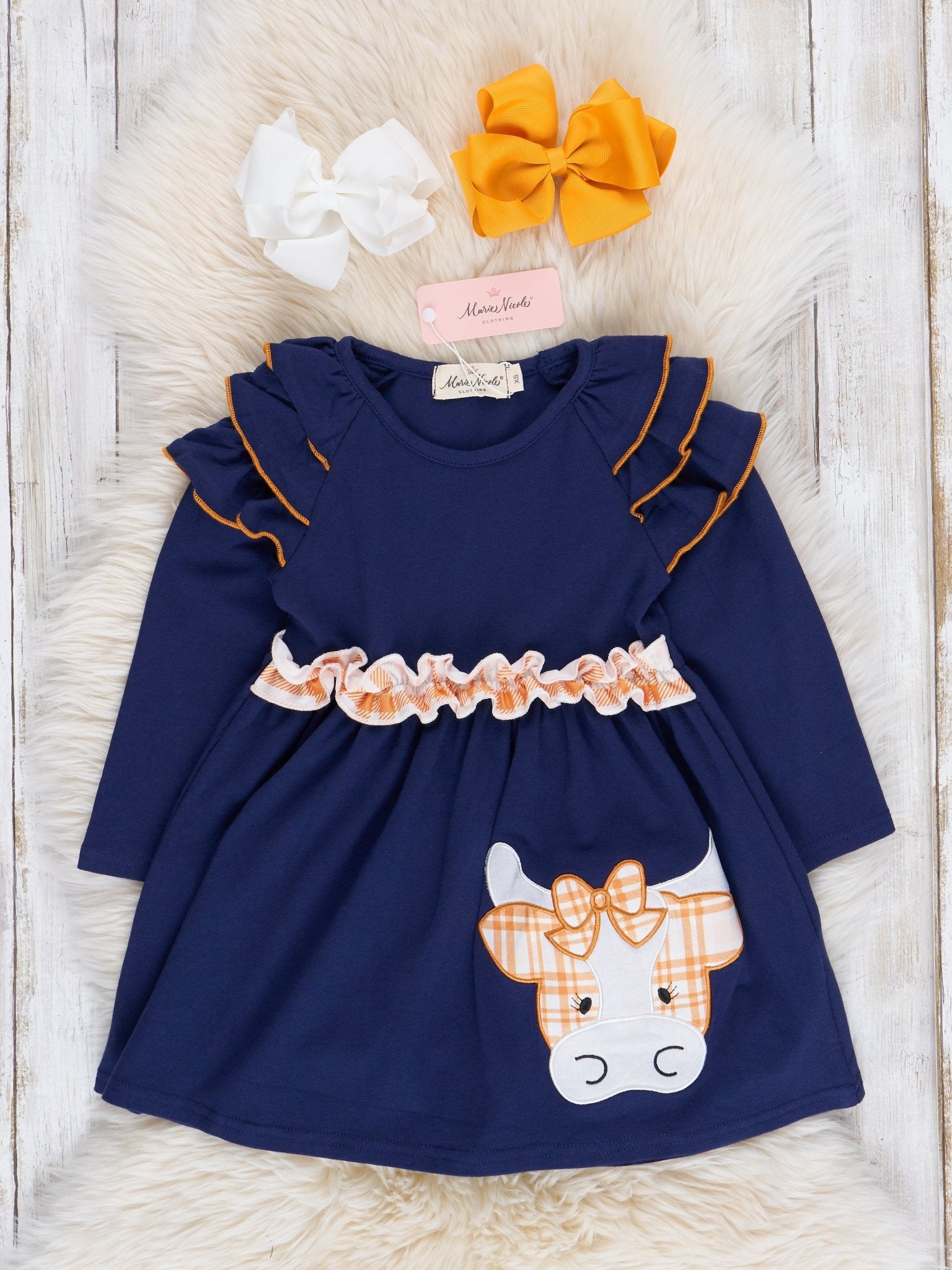 Navy & Orange Plaid Embroidered Cow Ruffle Dress - Marie Nicole Clothing