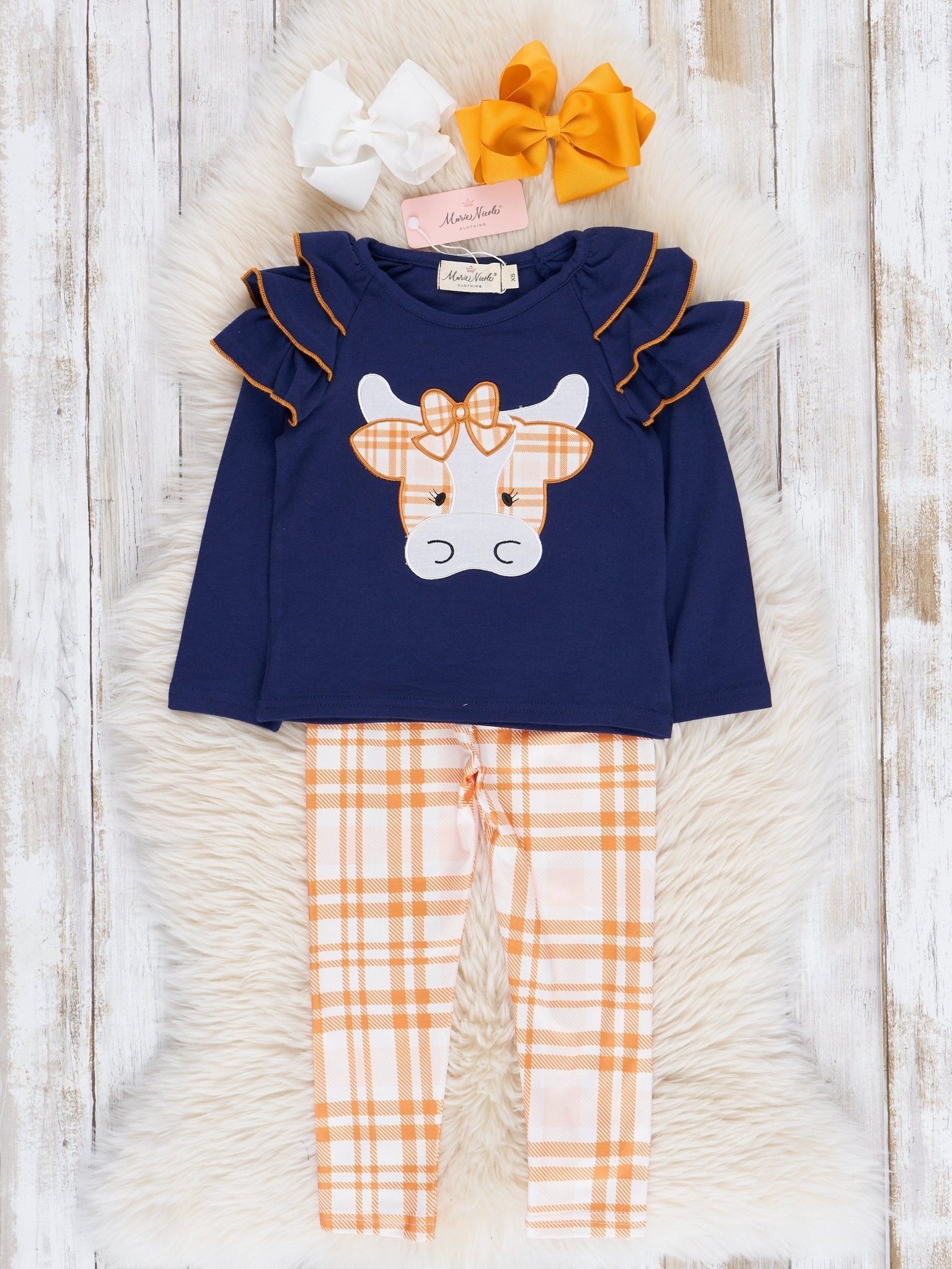 Navy & Orange Plaid Embroidered Cow Ruffle Outfit - Marie Nicole Clothing
