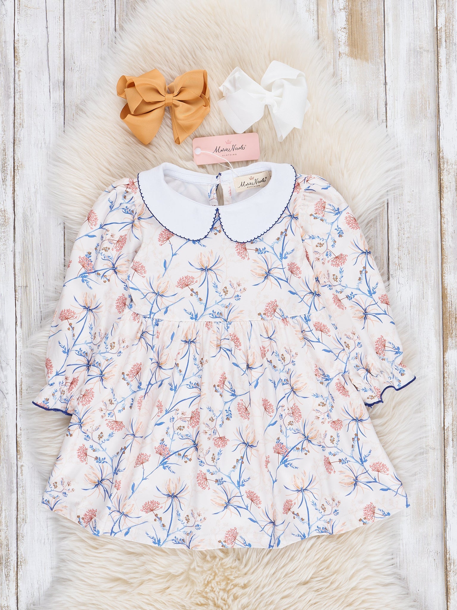Cream & Blue Wistful Blooms Dress - Marie Nicole Clothing