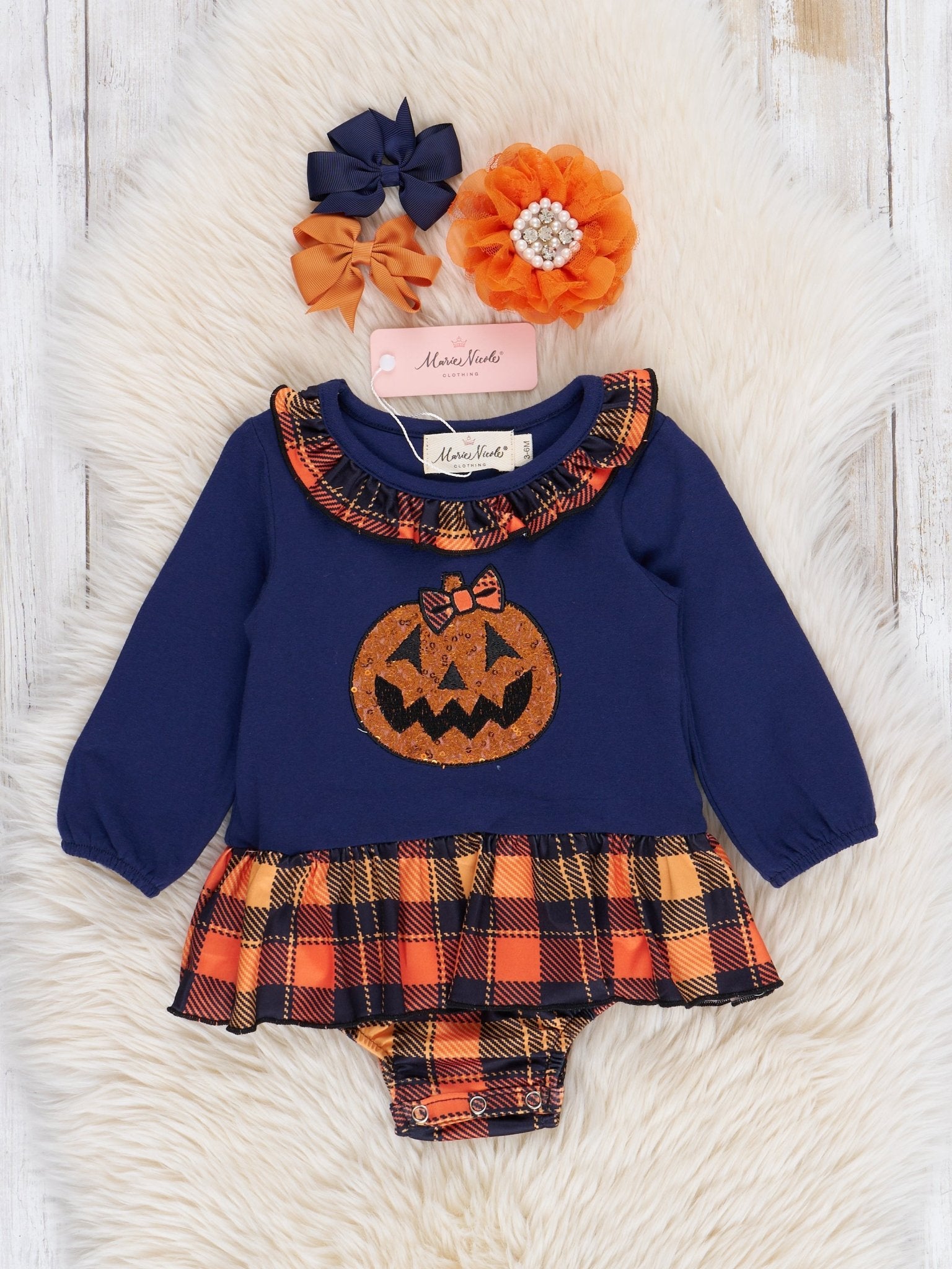 Embroidered Halloween Plaid Ruffle Bubble Romper - Marie Nicole Clothing