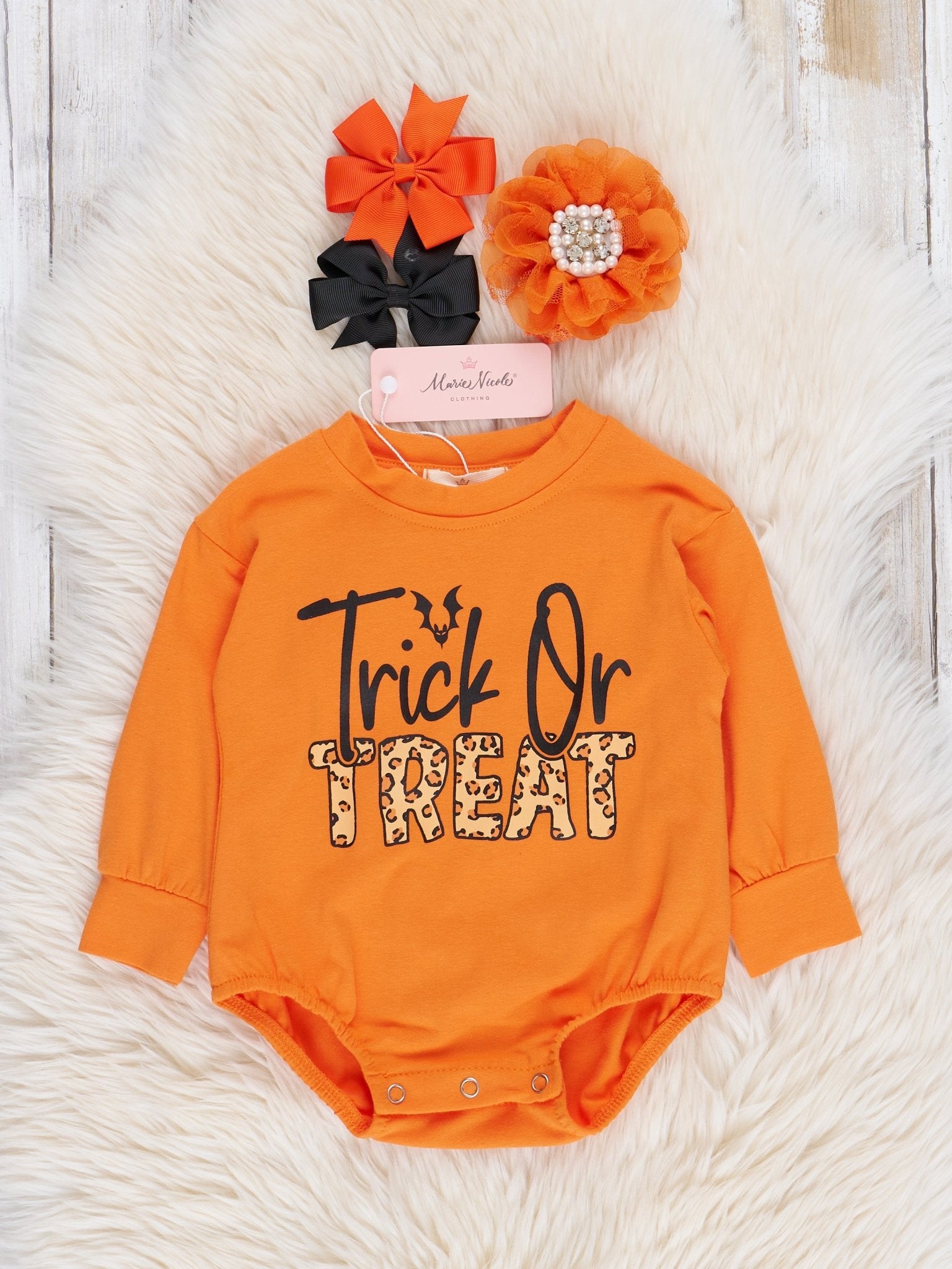 Orange & Leopard Print "Trick or Treat" Romper - Marie Nicole Clothing