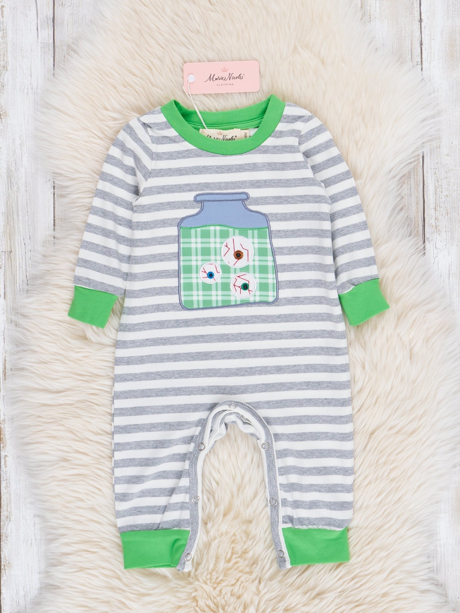 Green & Grey Striped Monster Eyeballs Romper - Marie Nicole Clothing