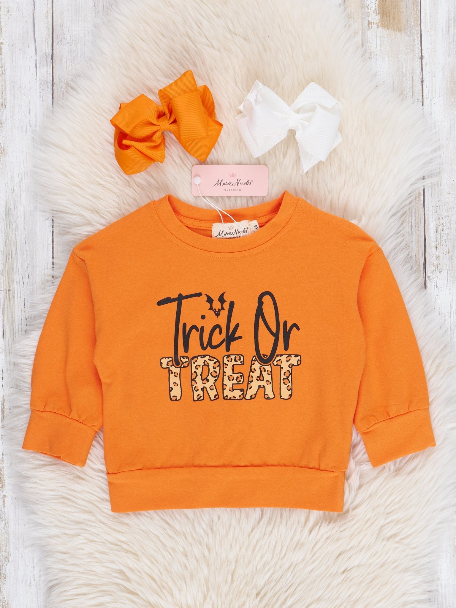 Orange & Leopard Print "Trick or Treat" Crew Neck - Marie Nicole Clothing