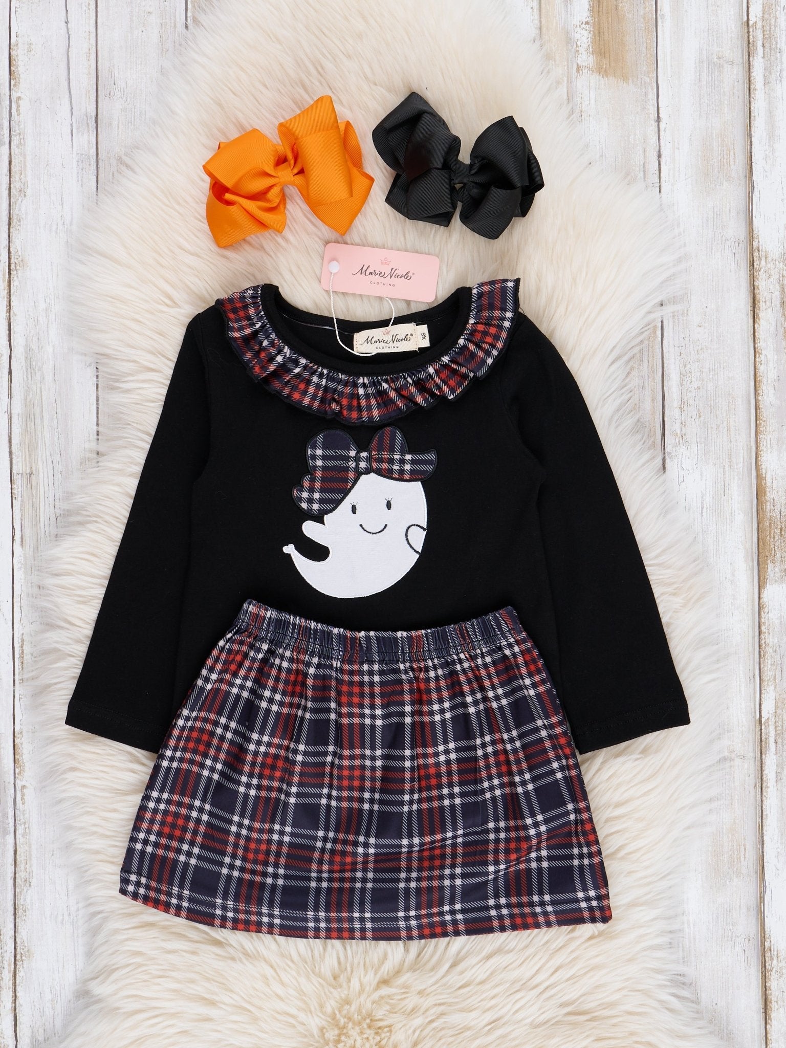 Embroidered Halloween Plaid Ruffle Outfit - Marie Nicole Clothing