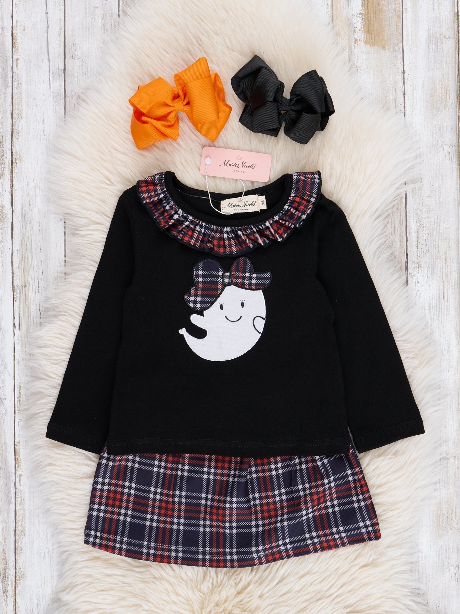 Embroidered Halloween Plaid Ruffle Outfit - Marie Nicole Clothing