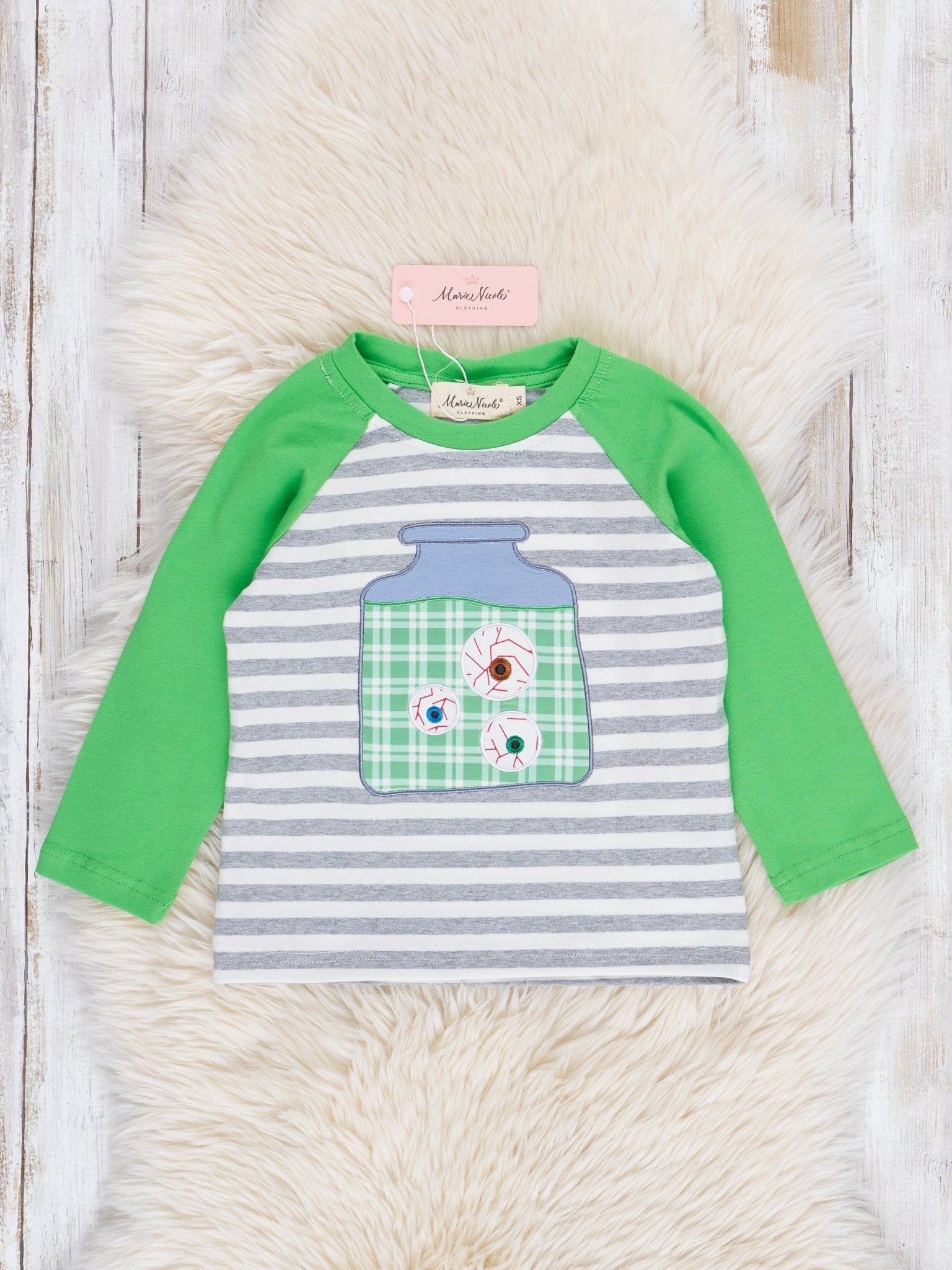 Green & Grey Striped Monster Eyeballs Top - Marie Nicole Clothing