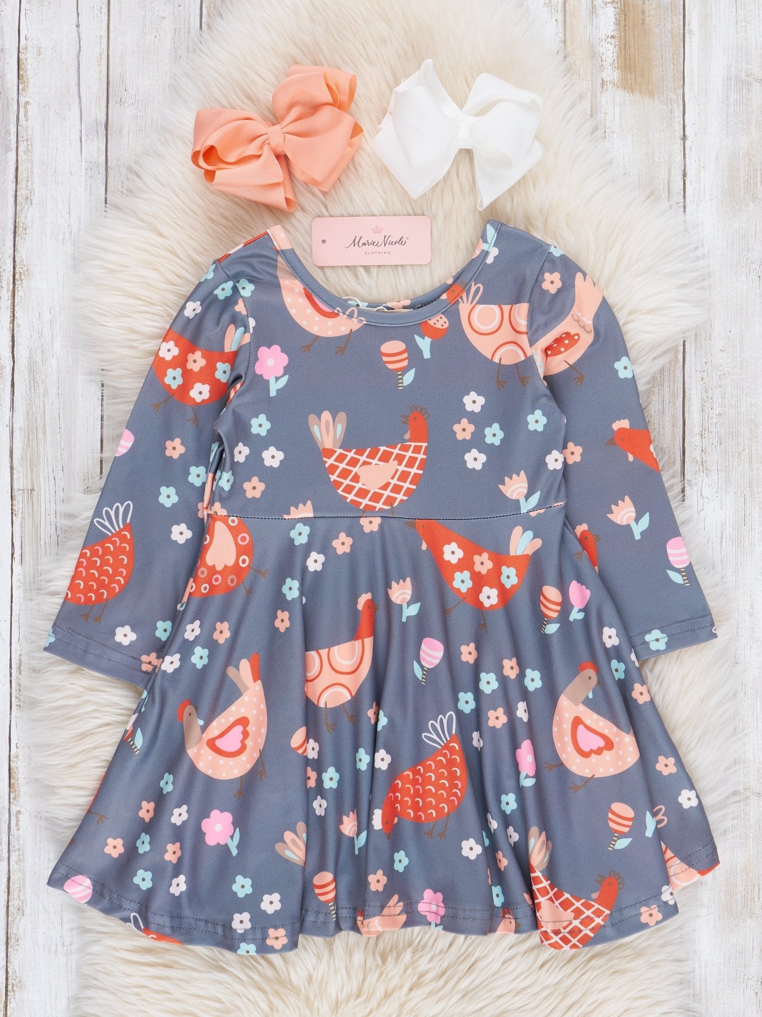 Grey & Orange Chickens Swing Dress - Marie Nicole Clothing