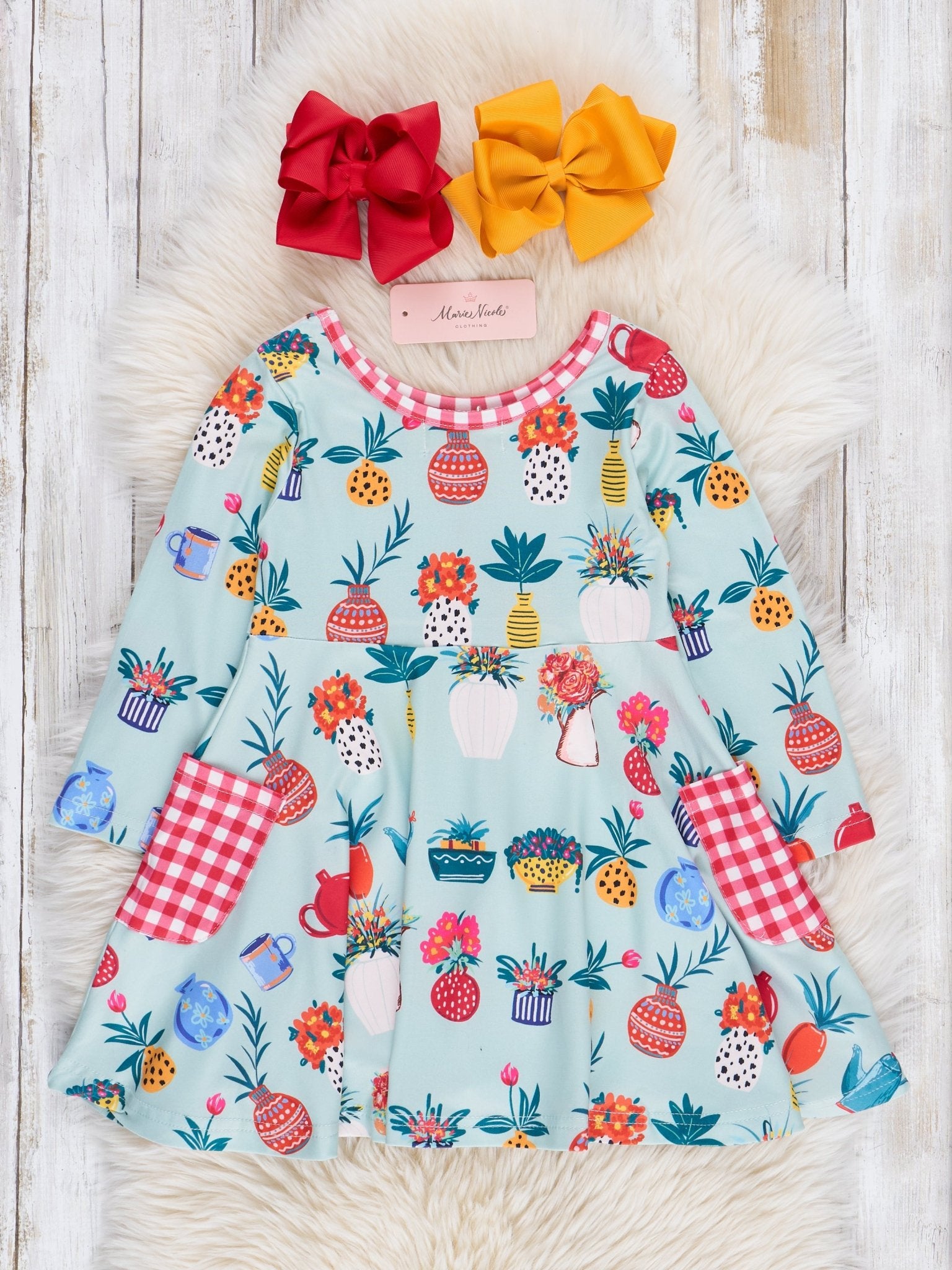 Teal Gardening Gingham Pocket Dress - Marie Nicole Clothing