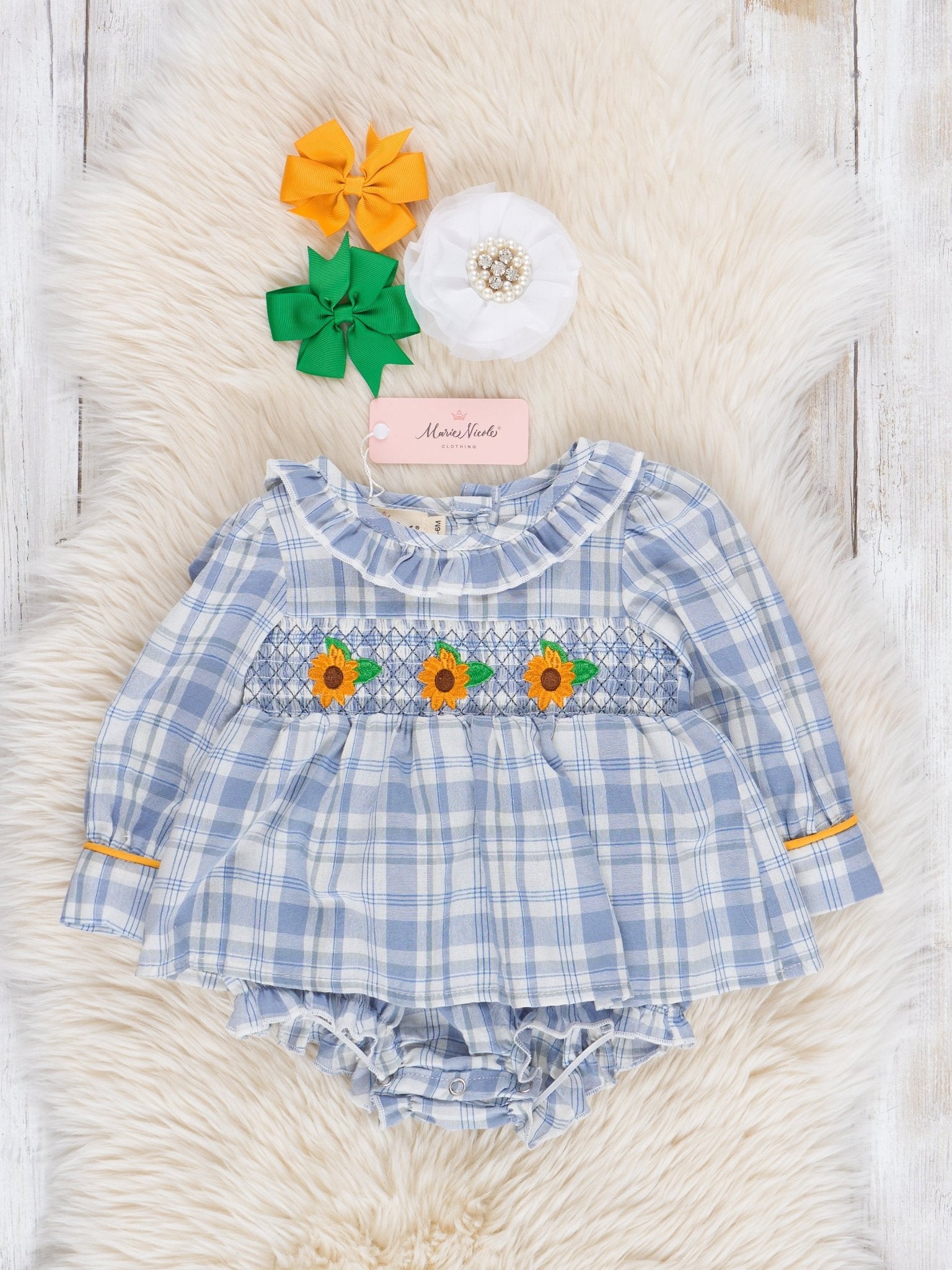 Blue Plaid Smocked Sunflower Peplum Bubble Romper - Marie Nicole Clothing