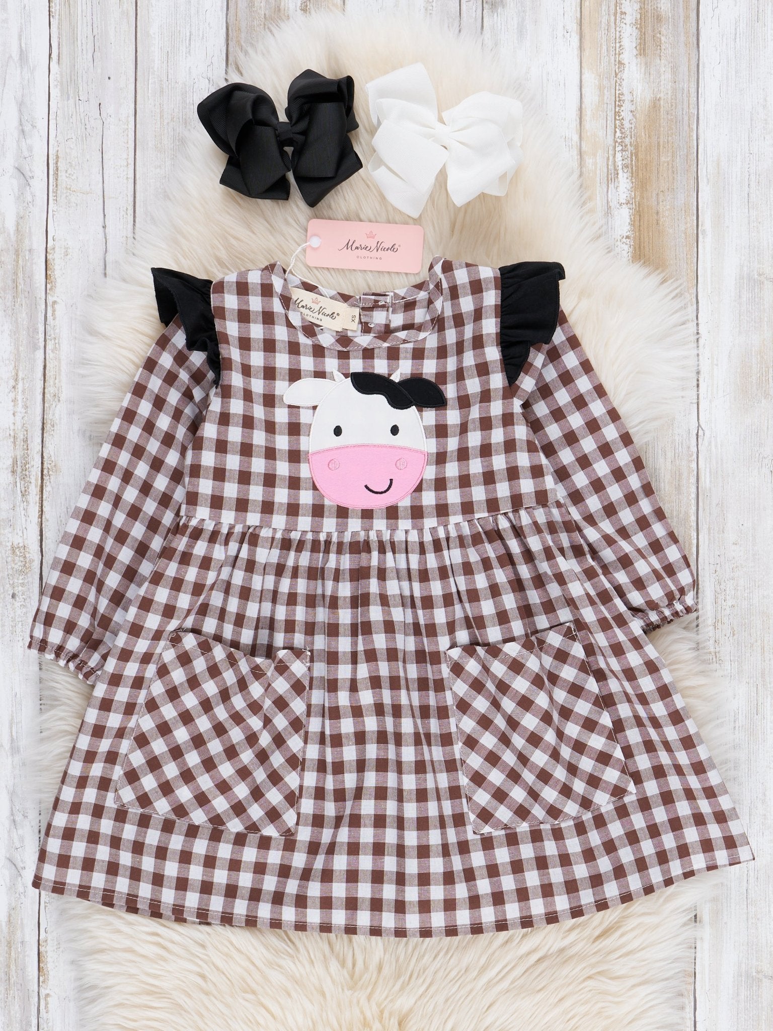 Brown Gingham Cow Pocket Dress - Marie Nicole Clothing