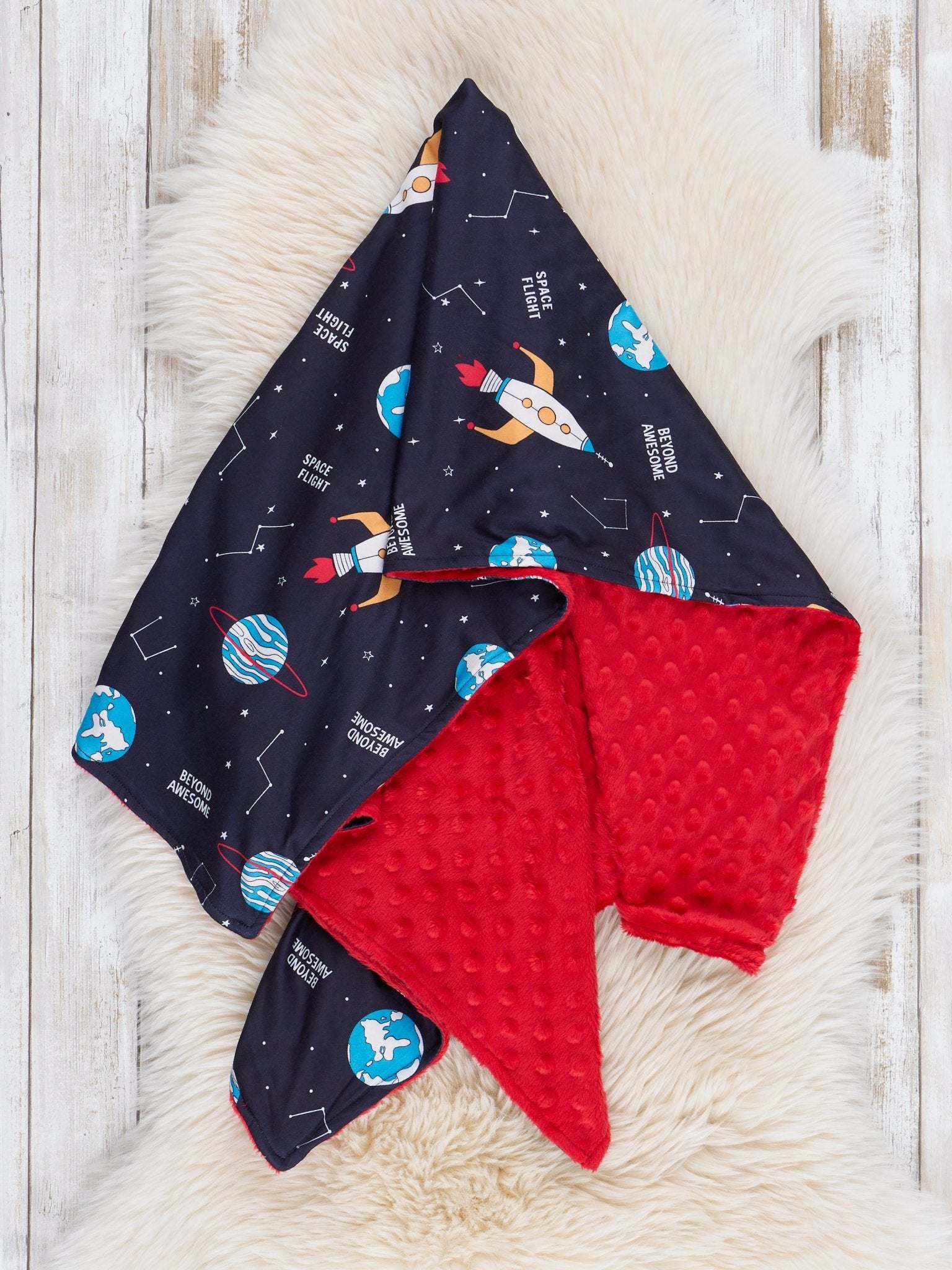 Navy & Red Rocketship Adventure Minky Blanket - Marie Nicole Clothing