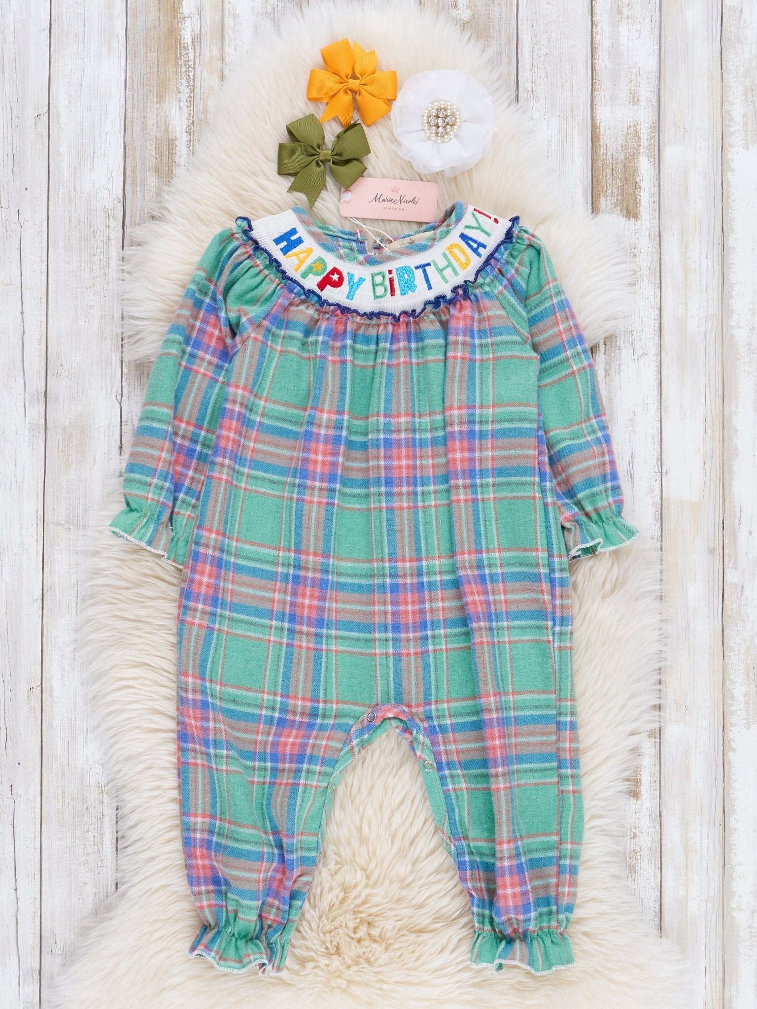 Green Plaid Smocked Birthday Romper - Marie Nicole Clothing