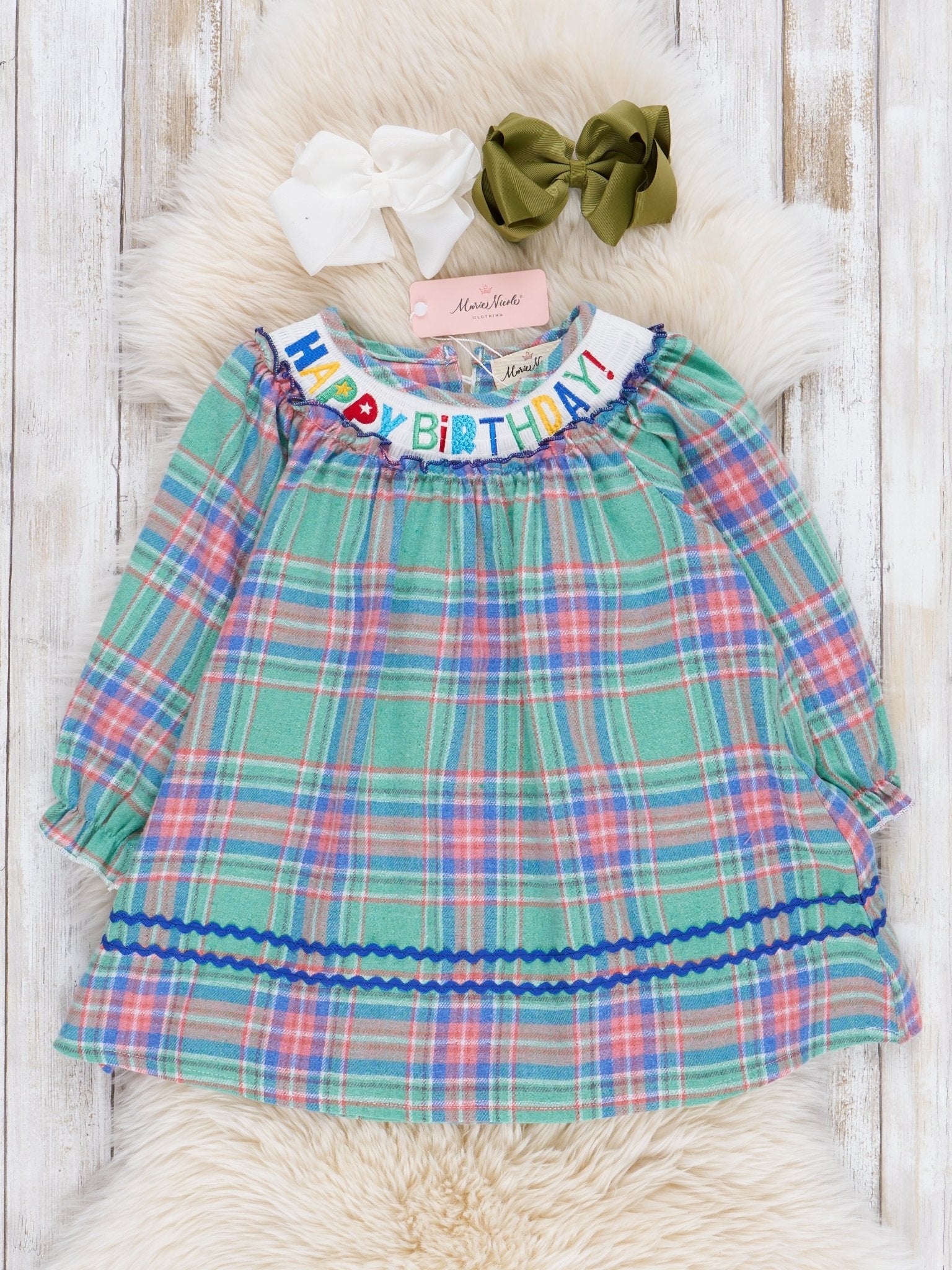 Green Plaid Smocked Birthday Dress - Marie Nicole Clothing