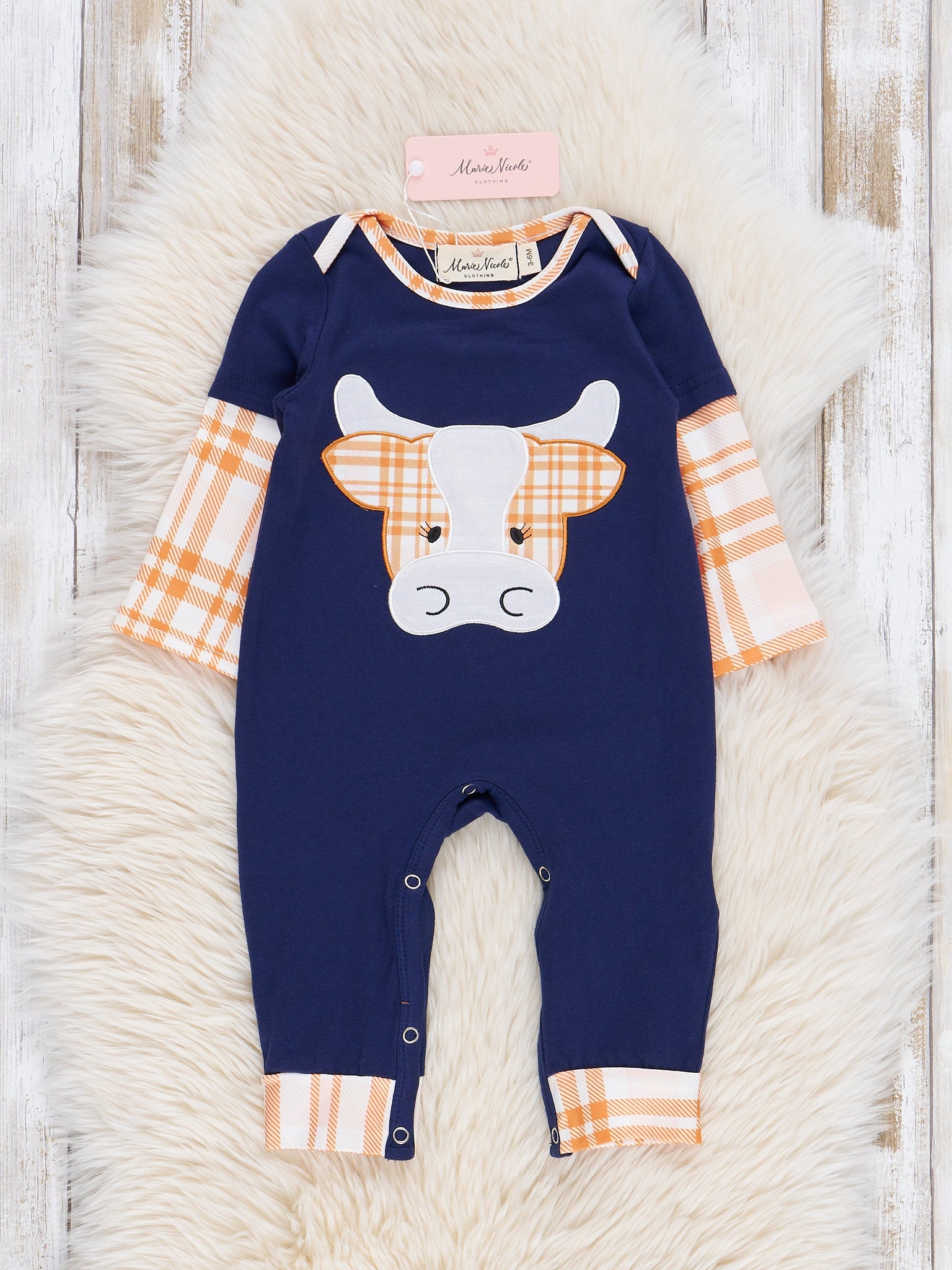 Navy & Orange Plaid Embroidered Cow Romper - Marie Nicole Clothing