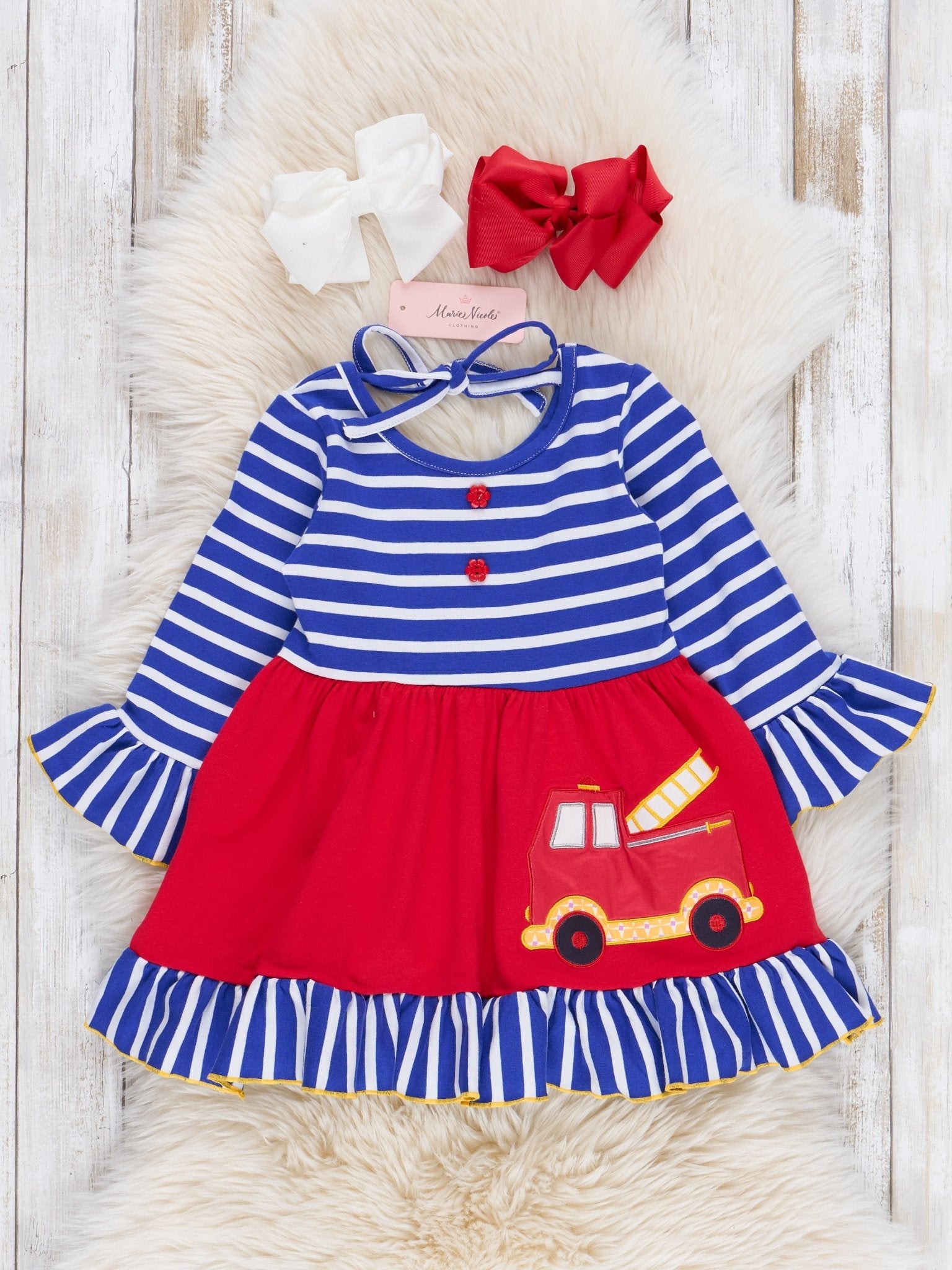 Blue Stripes & Red Fire Engine Ruffle Dress - Marie Nicole Clothing