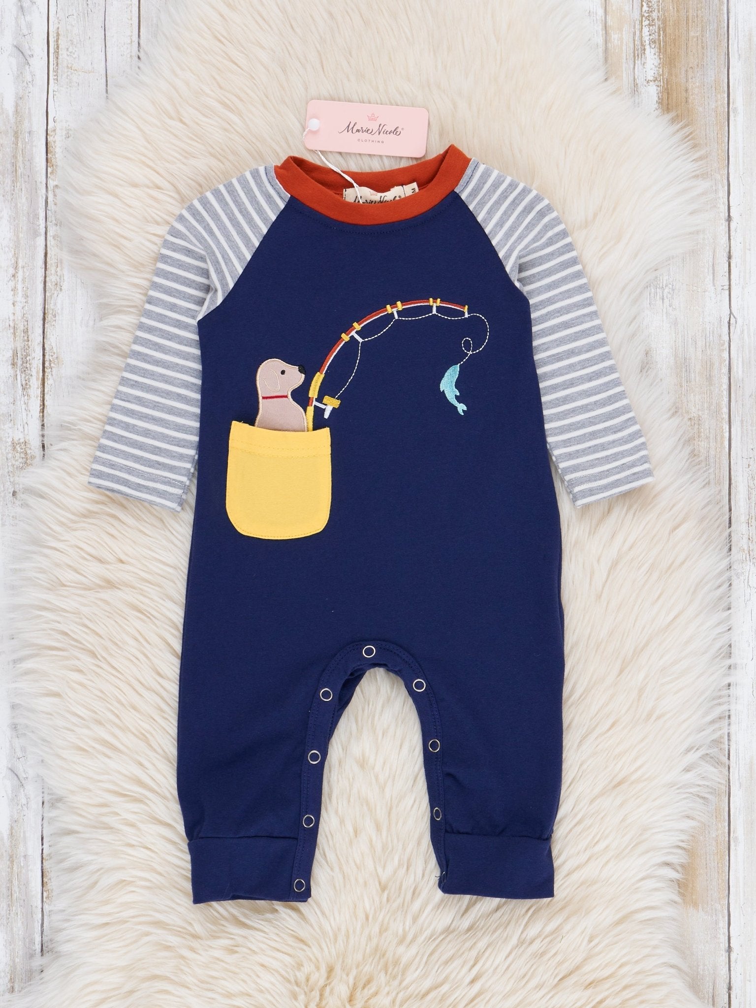 Navy Fishing Puppy Raglan Romper - Marie Nicole Clothing