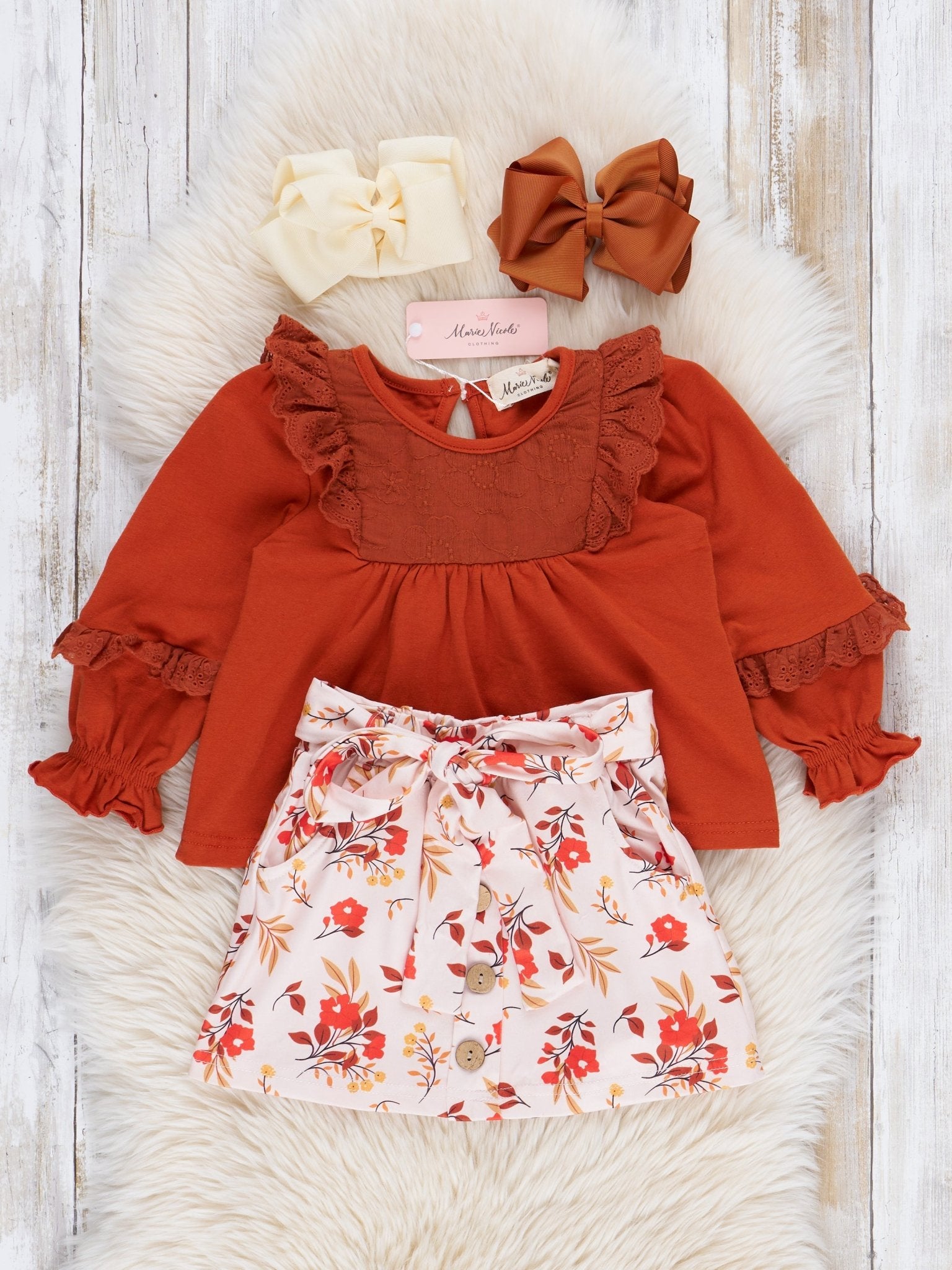 Rust Floral Ruffle Outfit w/ Skirt - Marie Nicole Clothing
