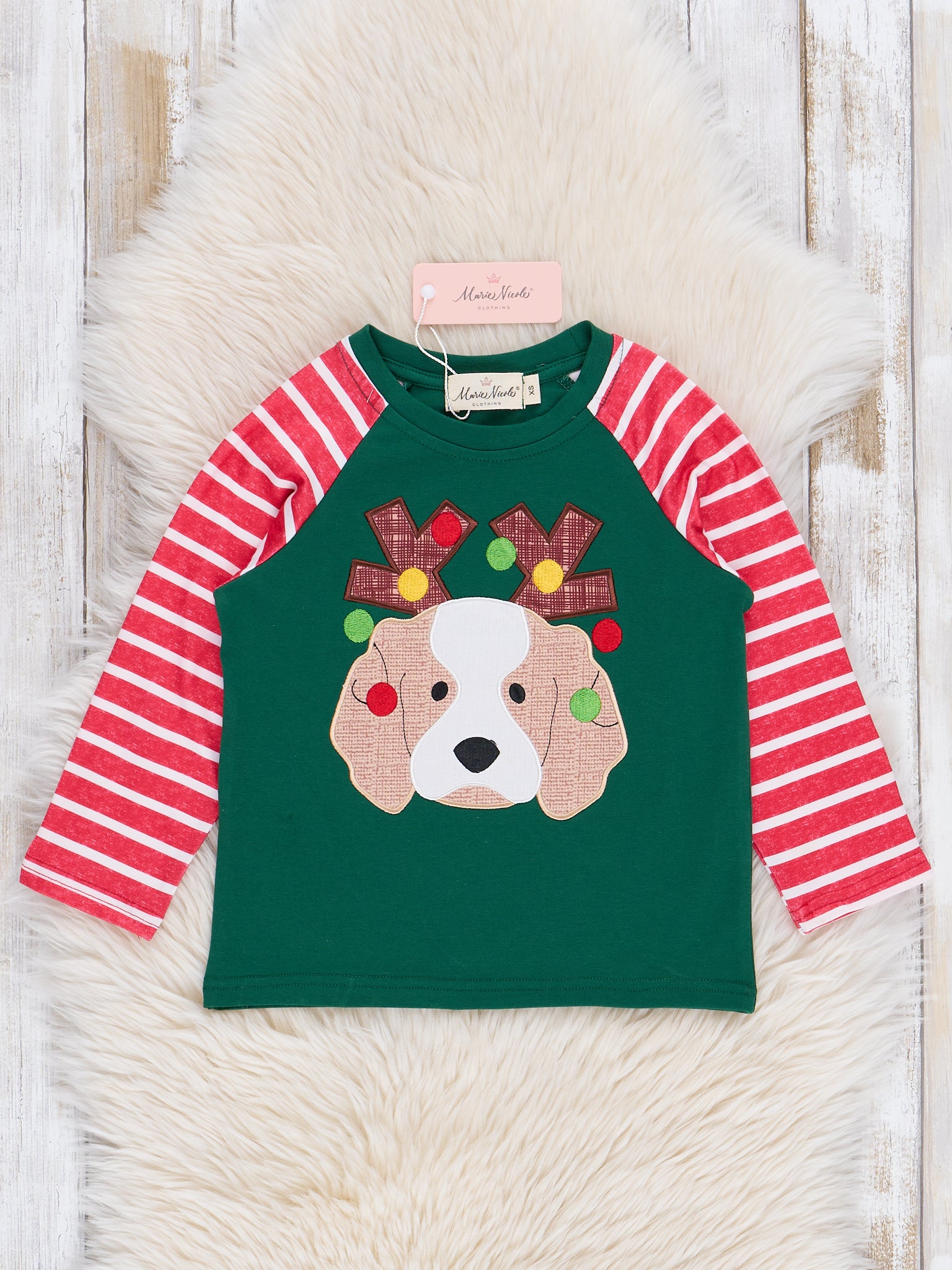 Green & Red Stripes Embroidered Puppy Shirt - Marie Nicole Clothing