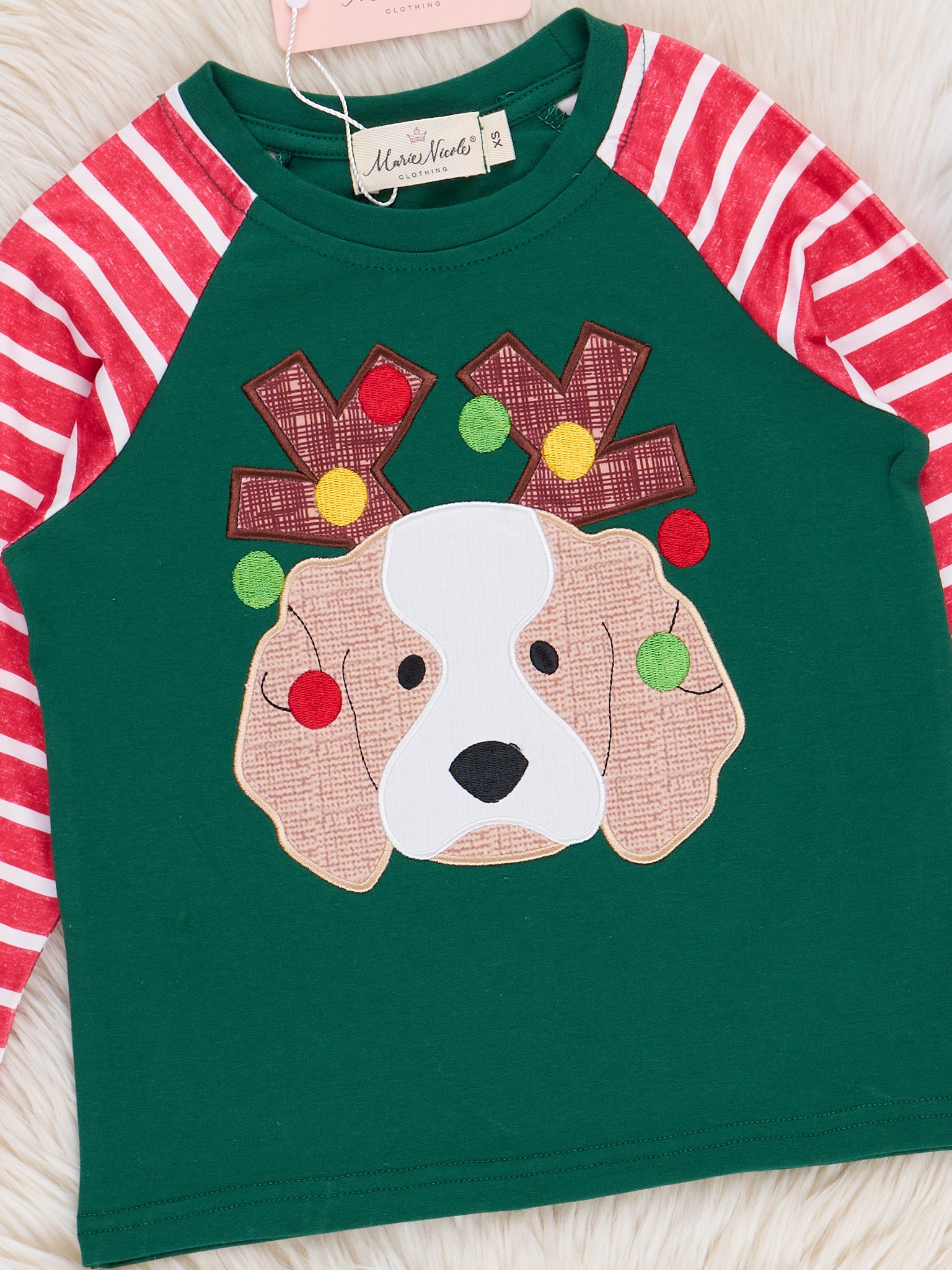 Green & Red Stripes Embroidered Puppy Shirt - Marie Nicole Clothing