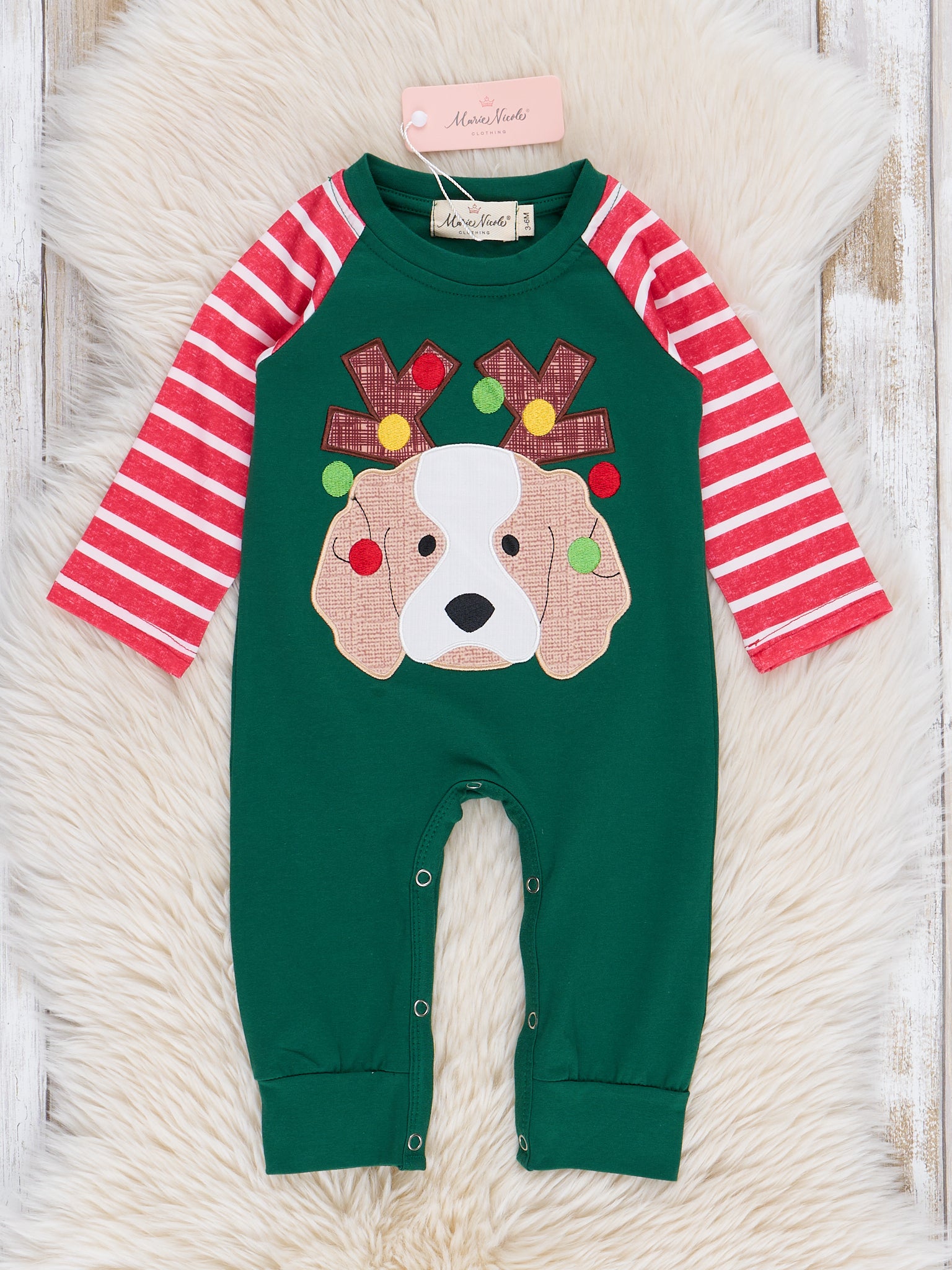Green & Red Stripes Embroidered Puppy Romper - Marie Nicole Clothing