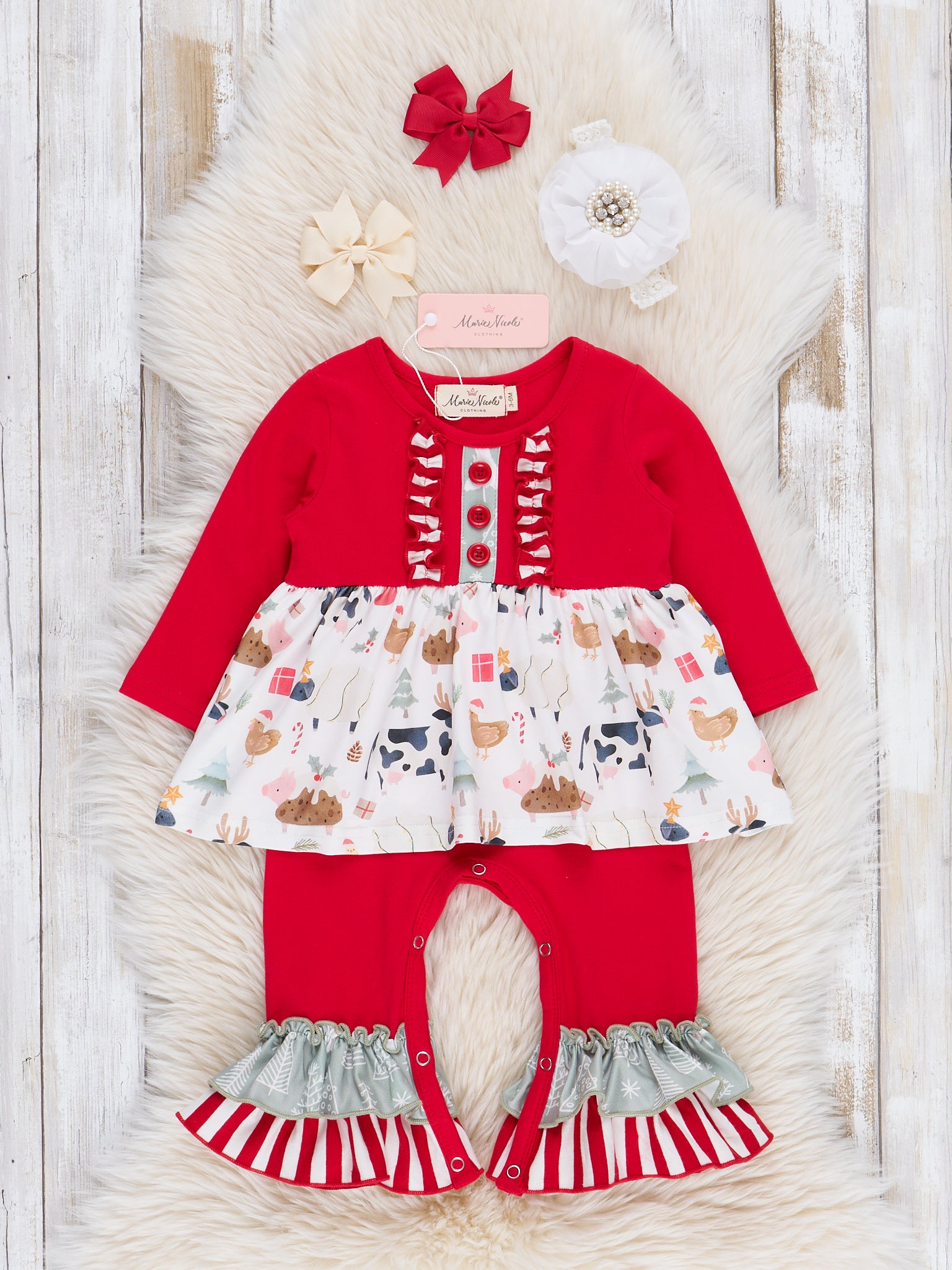 Red & White Christmas Farm Ruffle Romper - Marie Nicole Clothing