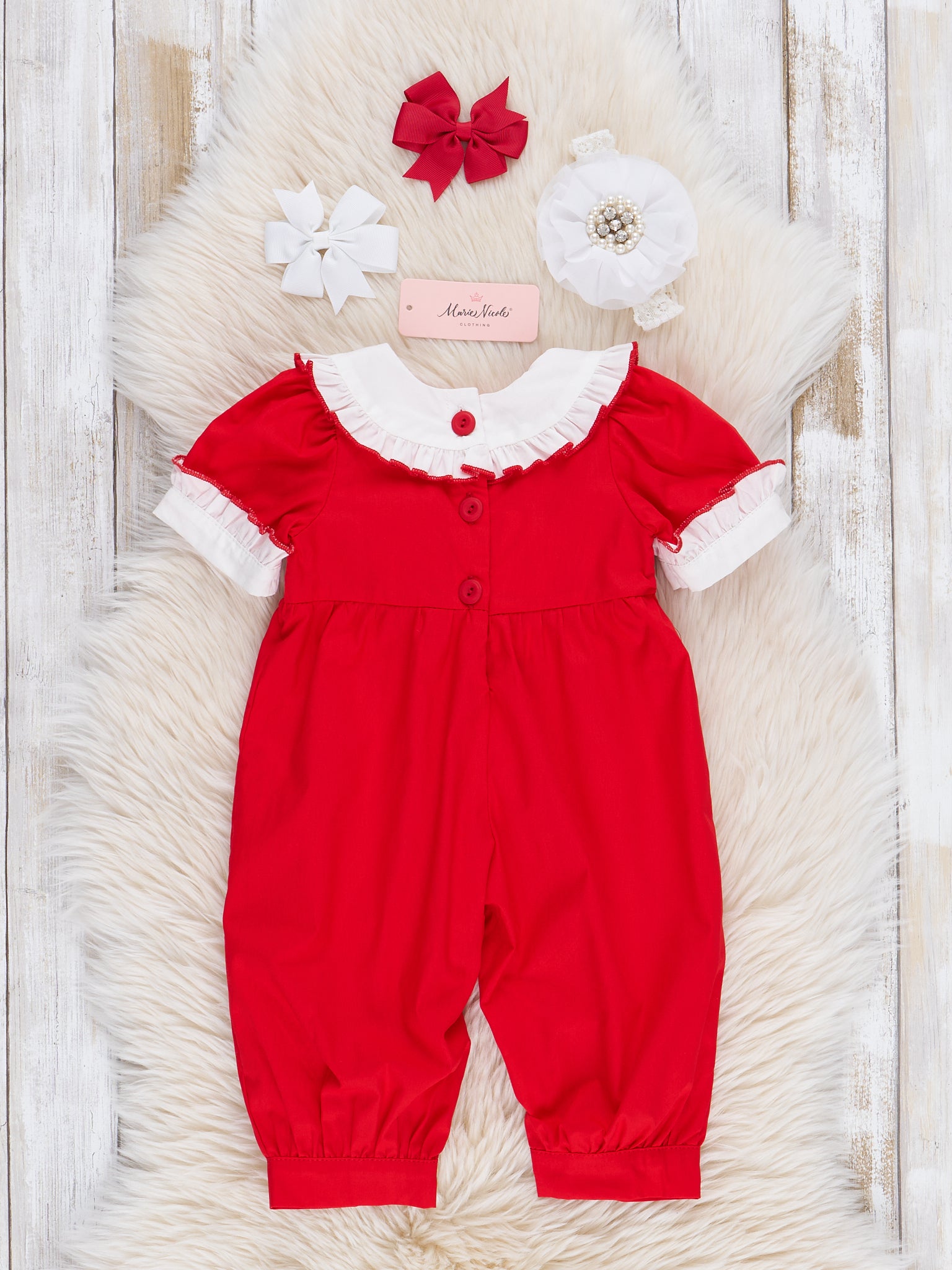Red Smocked Santa Lace Trim Romper - Marie Nicole Clothing