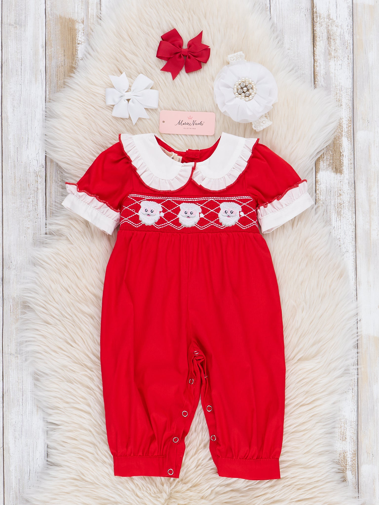 Red Smocked Santa Lace Trim Romper - Marie Nicole Clothing