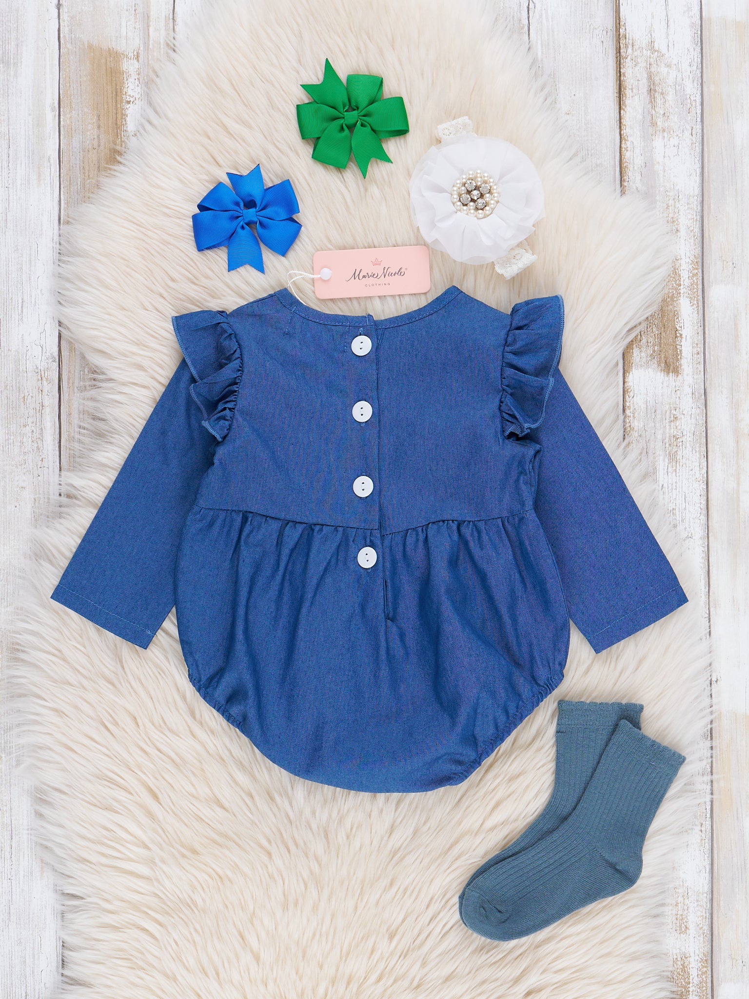 Chambray Embroidered Christmas Tree Ruffle Bubble Romper - Marie Nicole Clothing