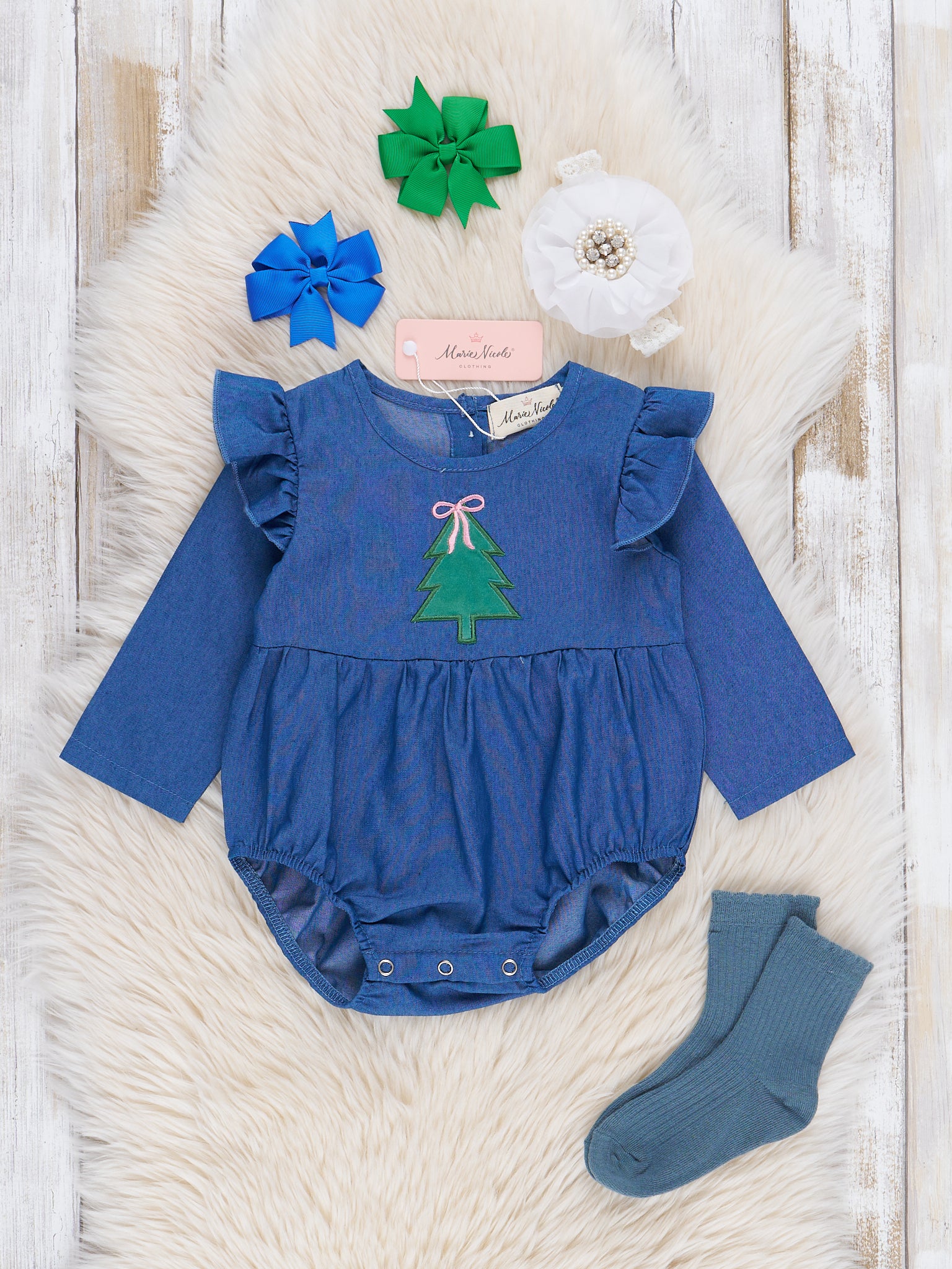 Chambray Embroidered Christmas Tree Ruffle Bubble Romper - Marie Nicole Clothing