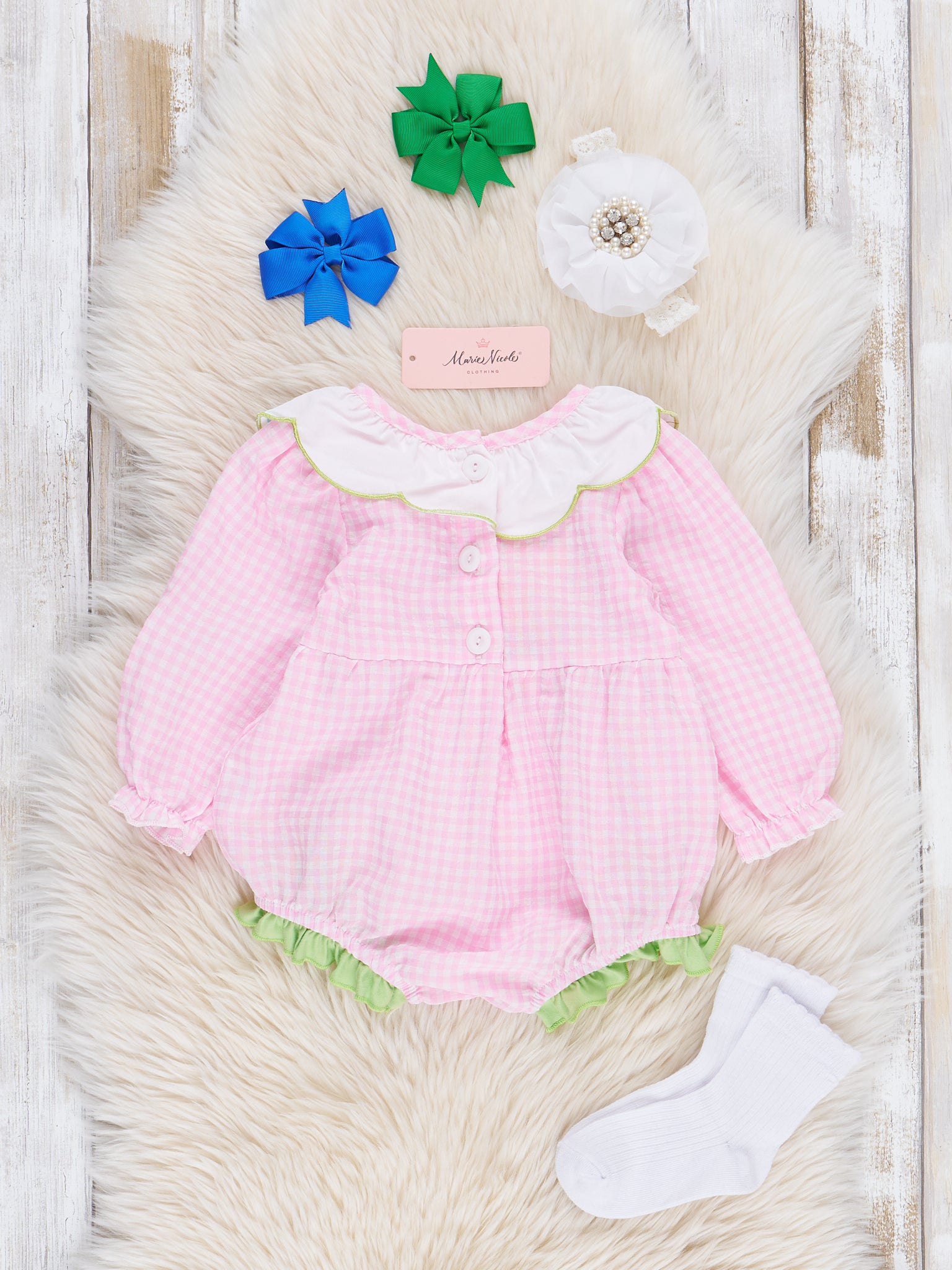Christmas Celebration Gingham Embroidered Bubble Romper - Marie Nicole Clothing