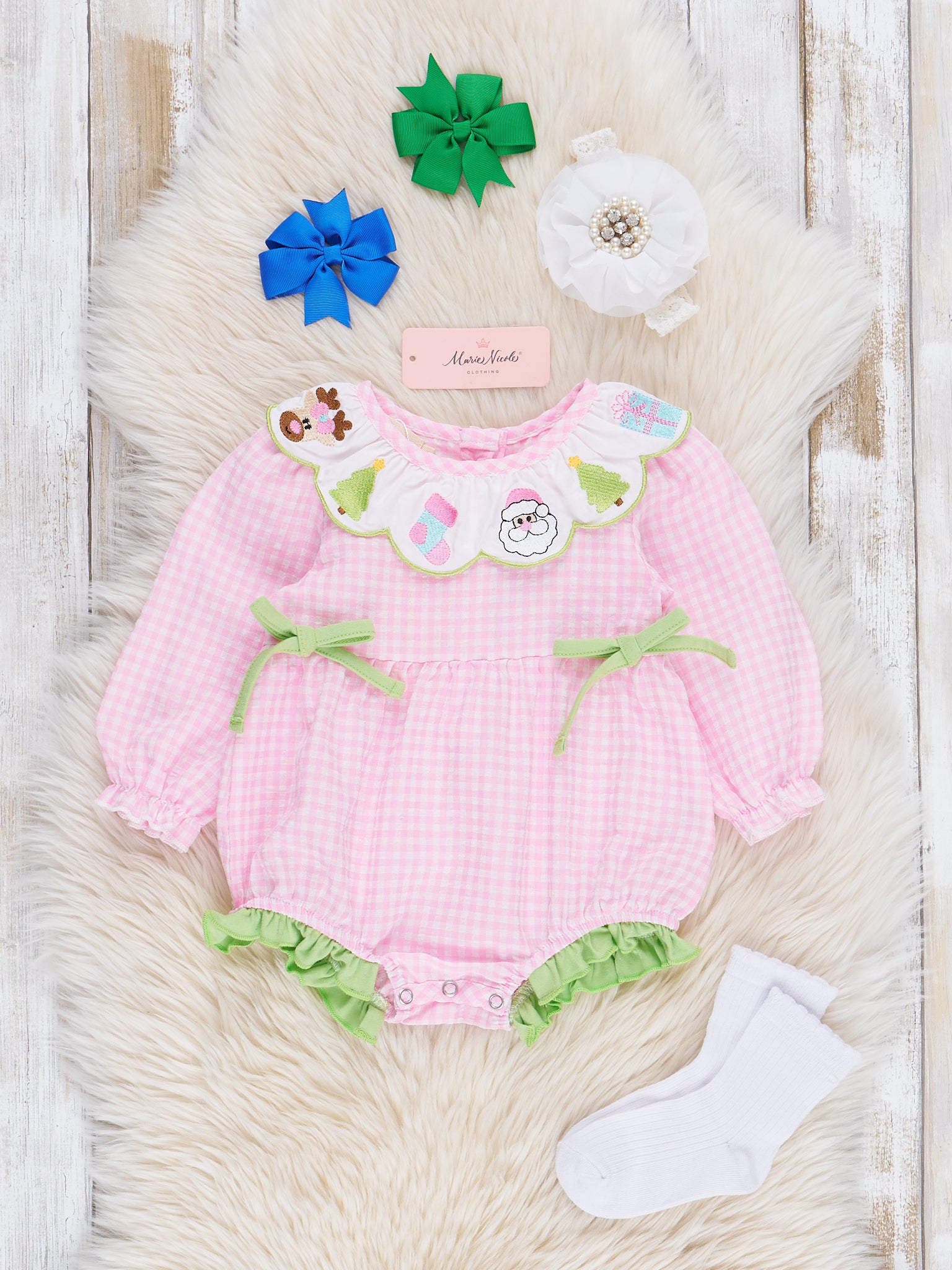 Christmas Celebration Gingham Embroidered Bubble Romper - Marie Nicole Clothing
