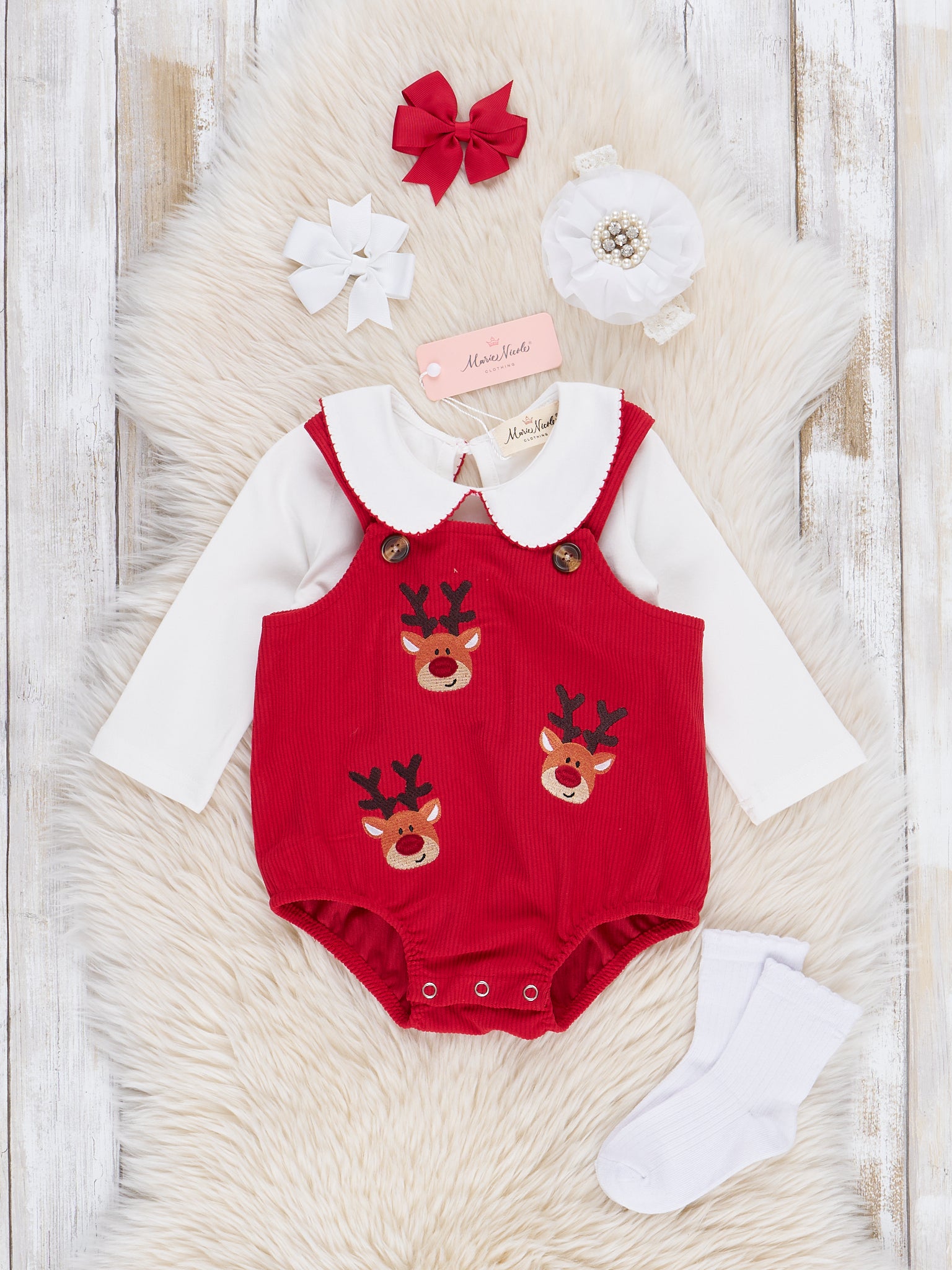 Red Embroidered Reindeer Corduroy Bubble Set - Marie Nicole Clothing