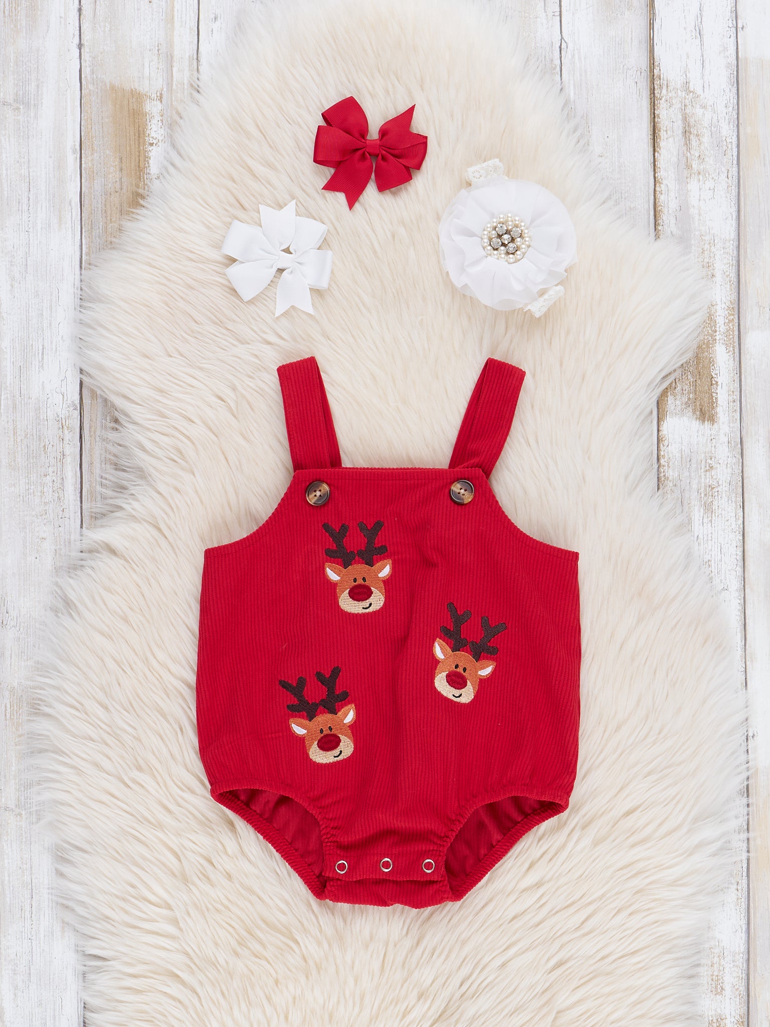 Red Embroidered Reindeer Corduroy Bubble Set - Marie Nicole Clothing